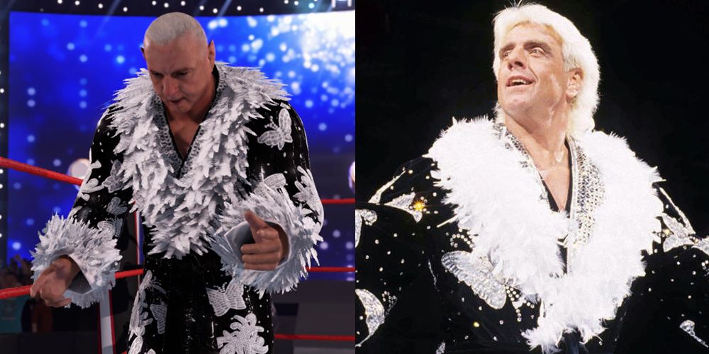 Uma imagem dividida de Ric Flair em vestes de penas, em um jogo da WWE e no ringue