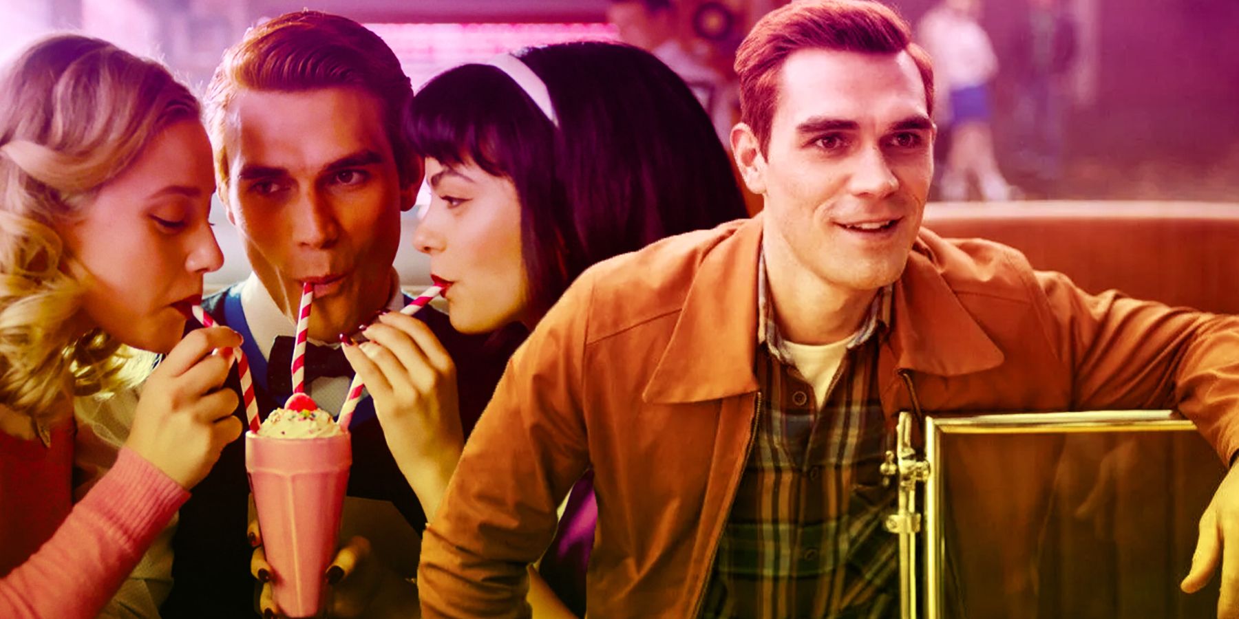 On the left, Veronica, Archie and Betty share a milkshake with 3 straws. On the right, Archie looks off to the distant right with a smile. 