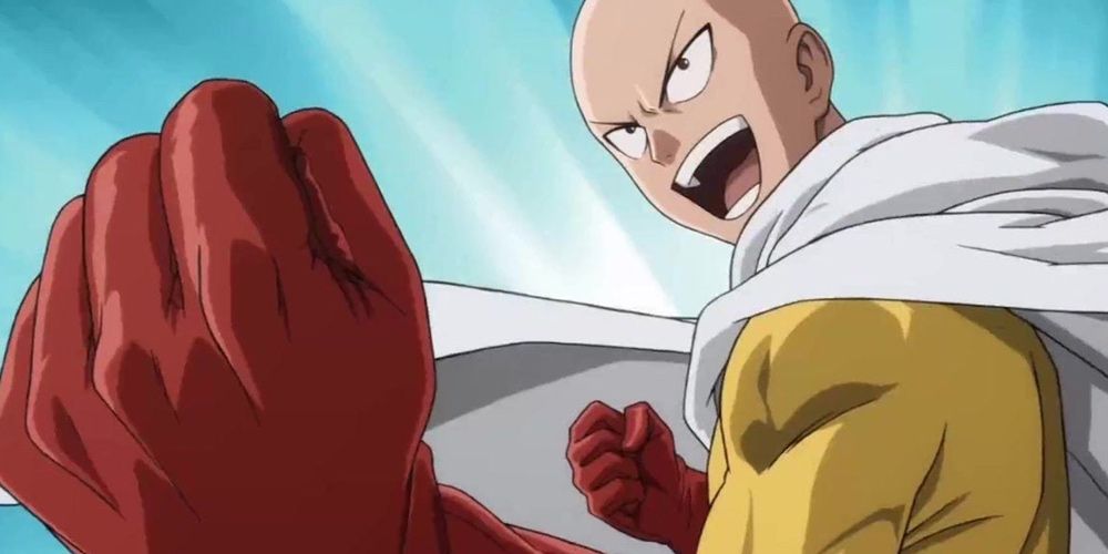 Saitama gets pumped up in One-Punch Man.
