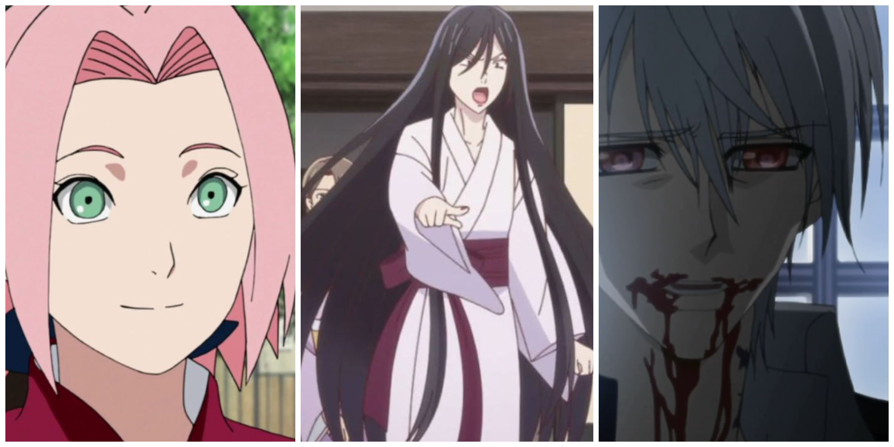 Sakura smiling (Naruto), Ren Sohma yelling (Fruits Basket), & Zero's bloody mouth (Vampire Knight).