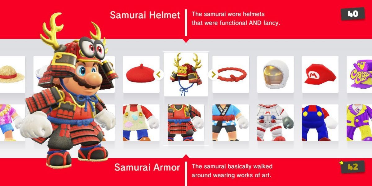 Traje de samurai de Mario na tela de seleção de traje em Super Mario Odyssey