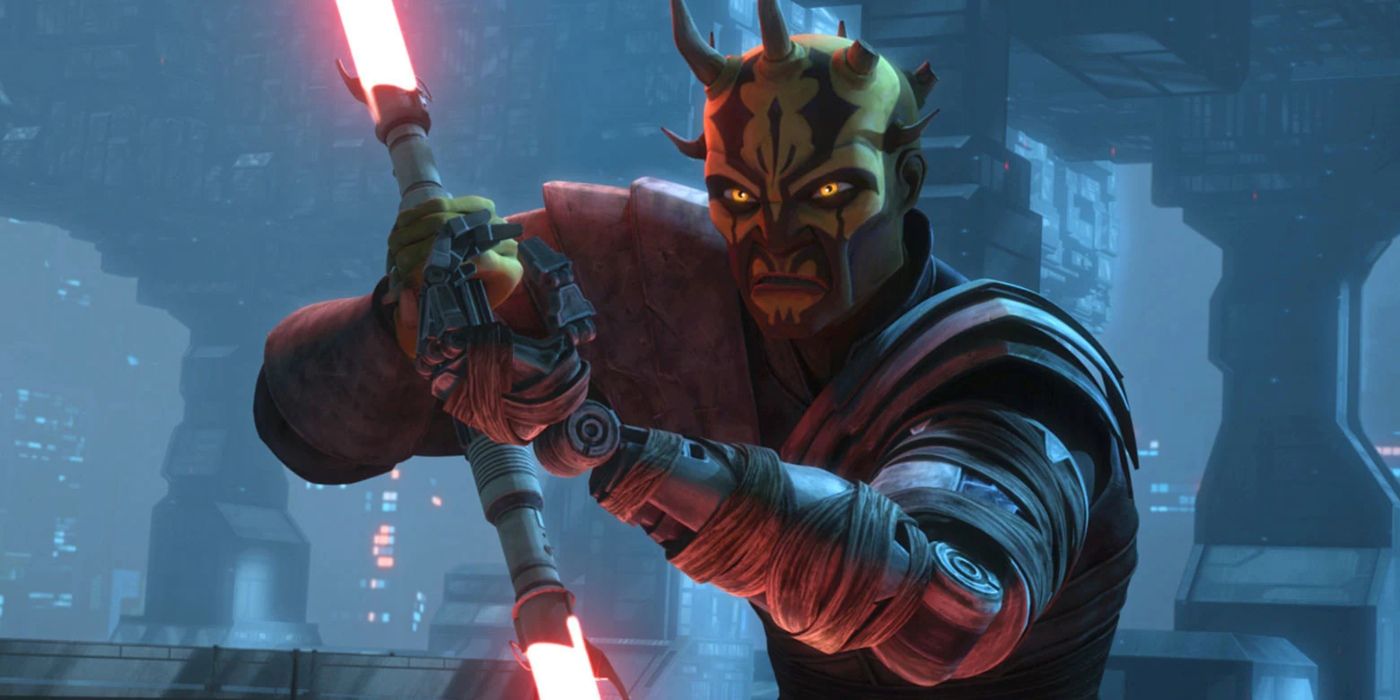 Savage Opress empunhando seu sabre de luz de duas lâminas em Star Wars The Clone Wars