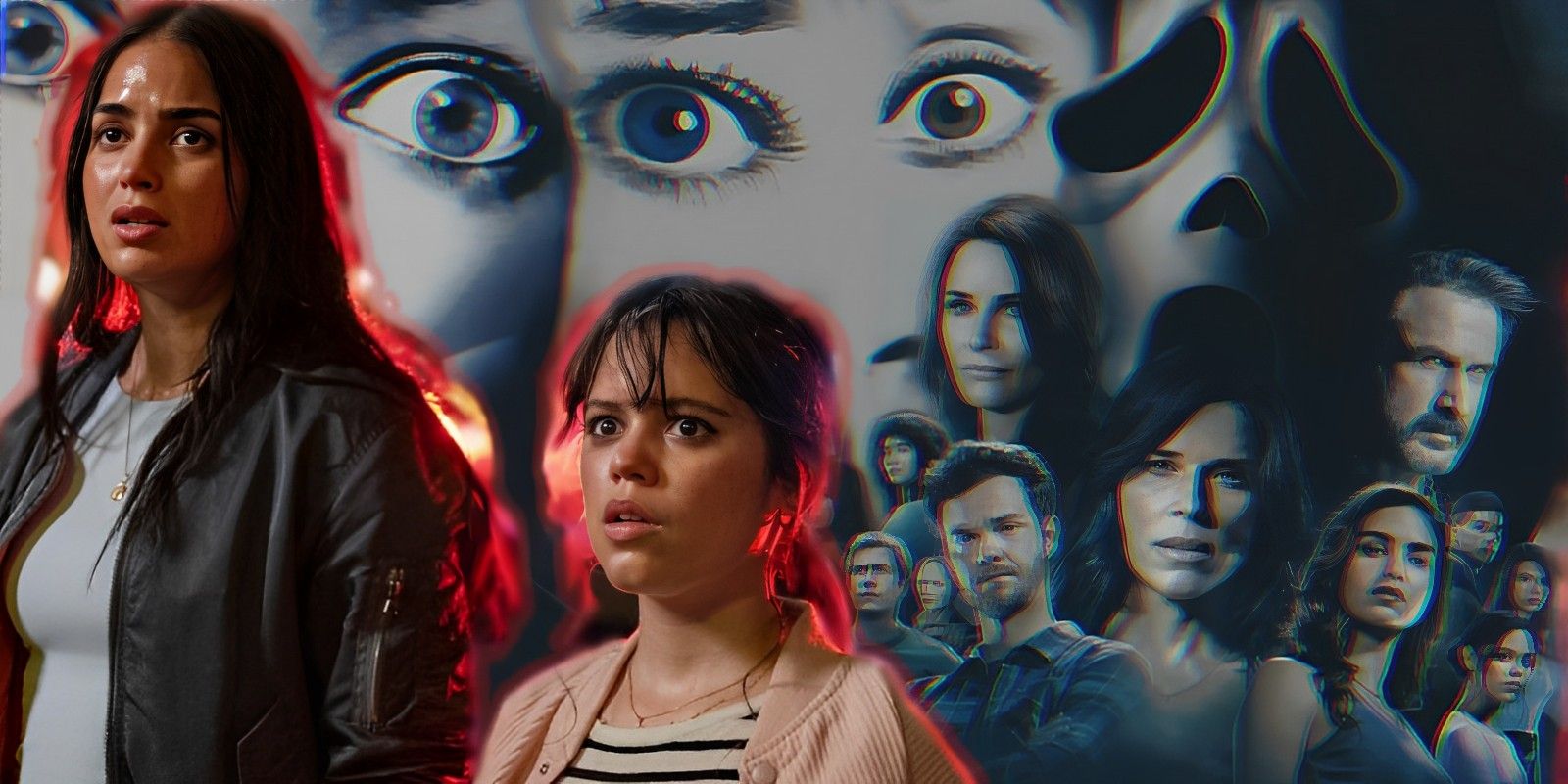 Scream 6's Tara and Sam in front of Scream 1,2,5 poster collage