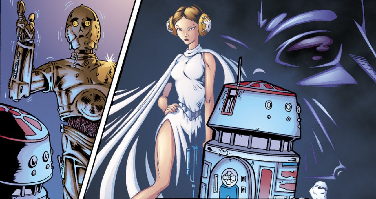 R5-D4 como 'Skippy', C-3PO, Princesa Leia e Darth Vader em Star Wars Tales #1