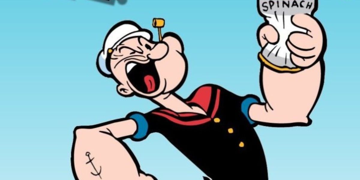 Popeye the Sailor squeezing a can of spinach
