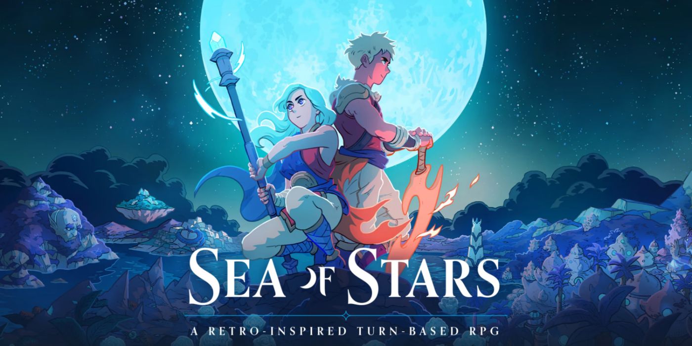 Arte promocional de Sea of ​​Stars apresentando os dois protagonistas sob o luar.