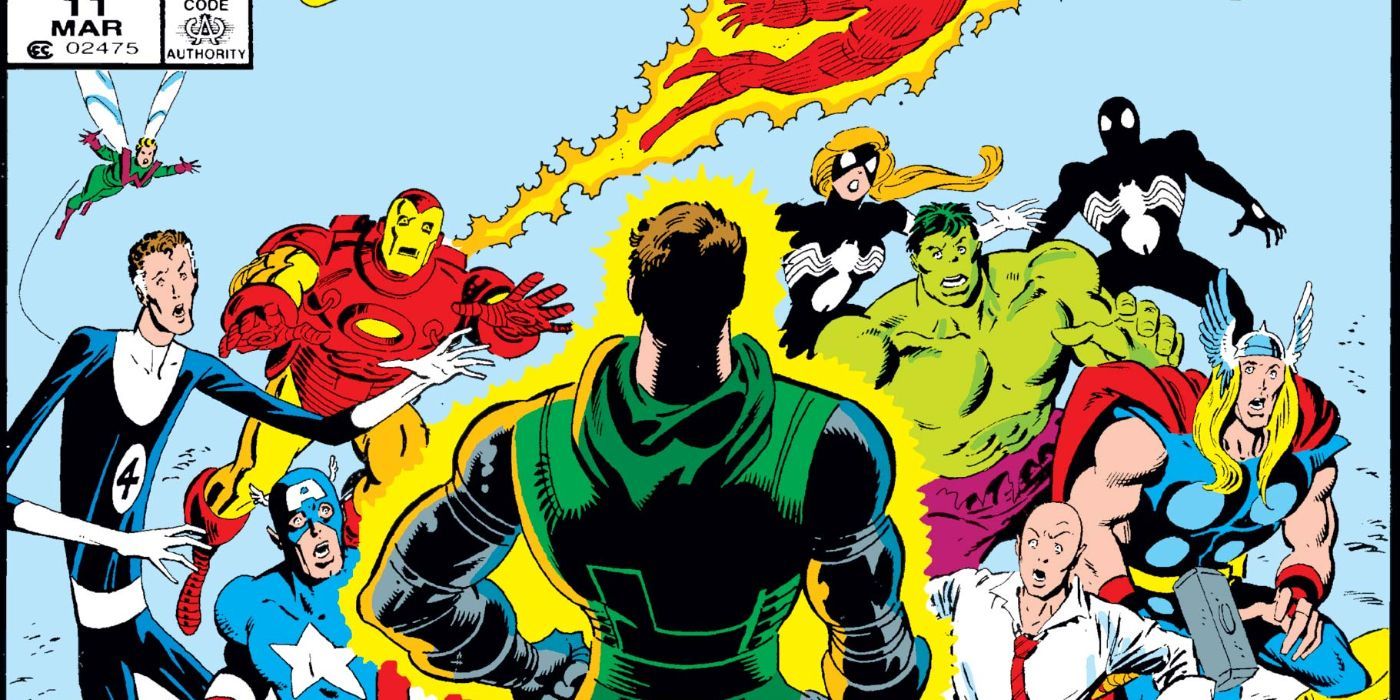 Secret Wars 11 Cover in Marvel Comics, as everyone is shocked by Doctor Doom