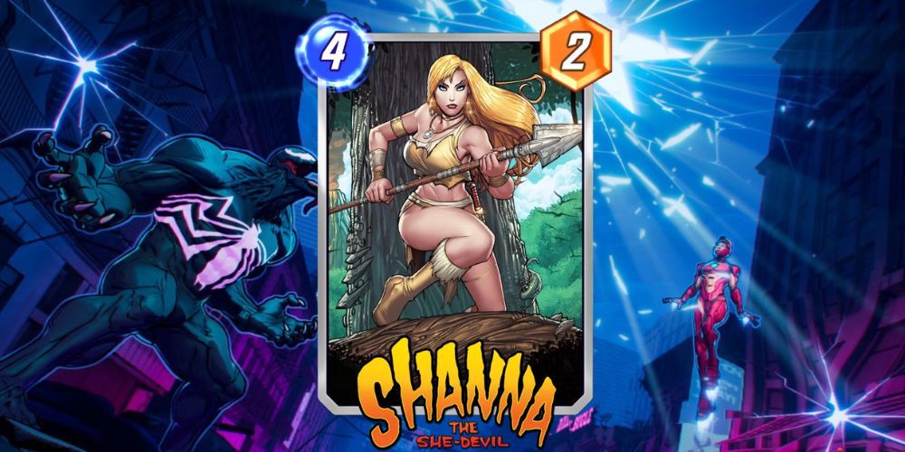 Cartão de Shanna Marvel Snap com fundo Marvel Snap