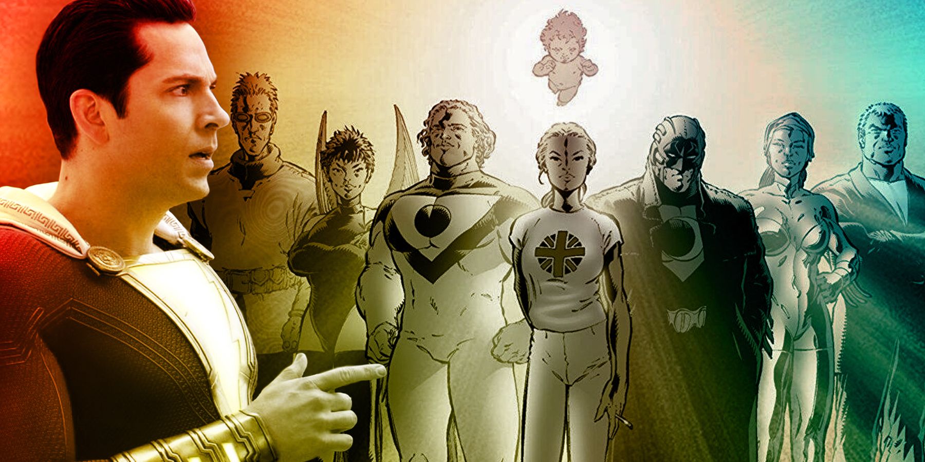 The DCU Shazam in front of a comics image of The Authority 
