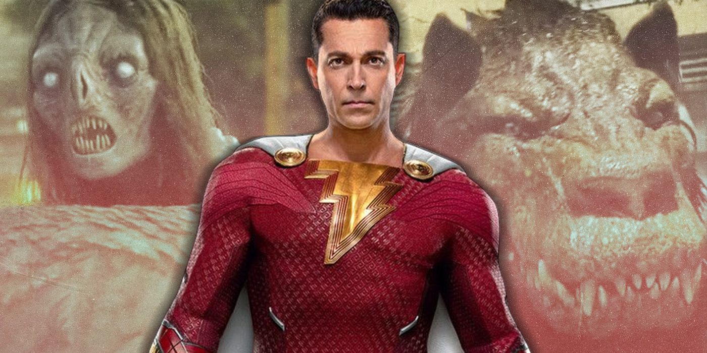 Shazam standing in front of mythical Greek creatures