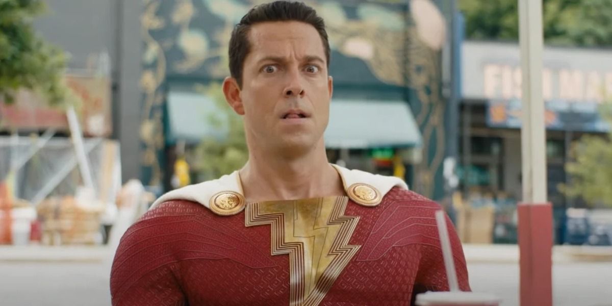 Shazam looking shocked in Fury of the Gods.