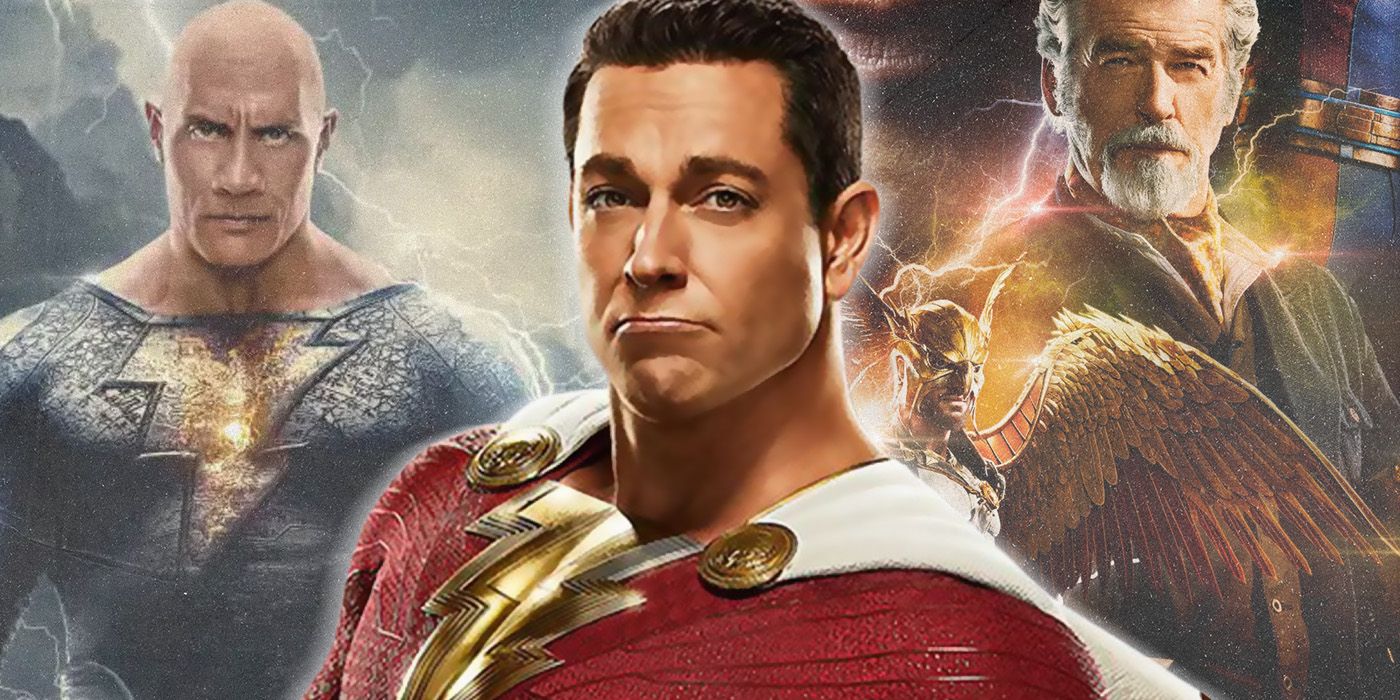 Zachary Levi's Shazam posing in front of Black Adam promotional images