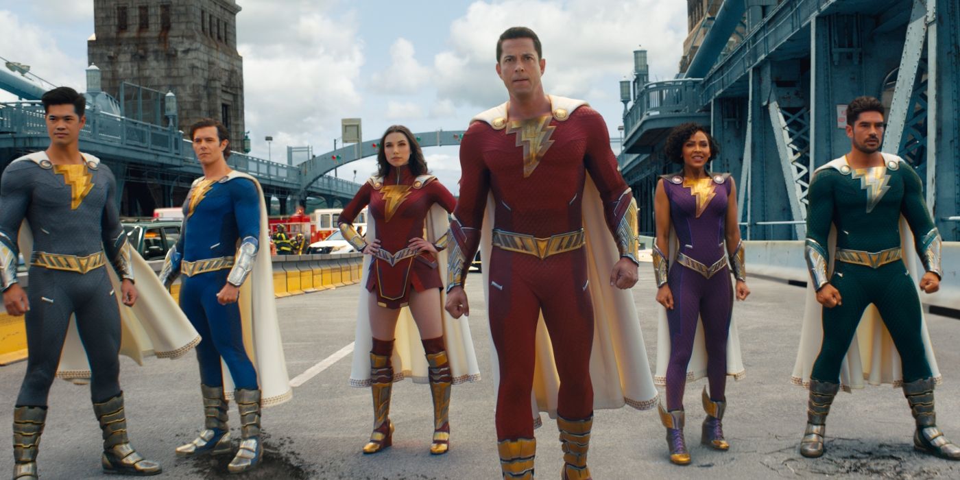The Shazam Family standing on a bridge in Fury of the Gods.