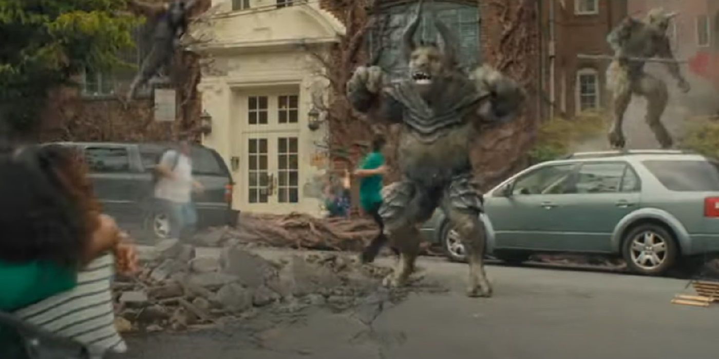 A Minotaur causing chaos in the street in Shazam! Fury of the Gods
