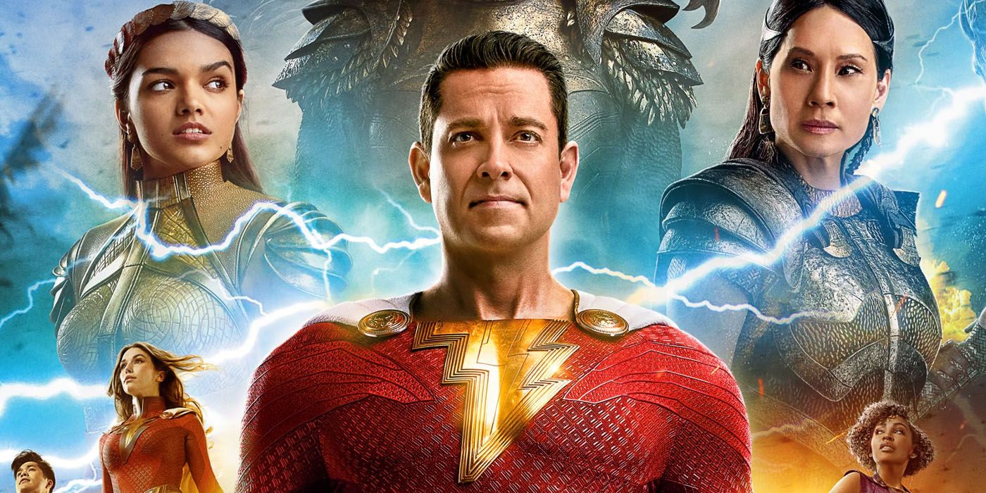 Shazam! Furt of the Gods poster with Zachary Levi's title character flanked by the rest of the cast.