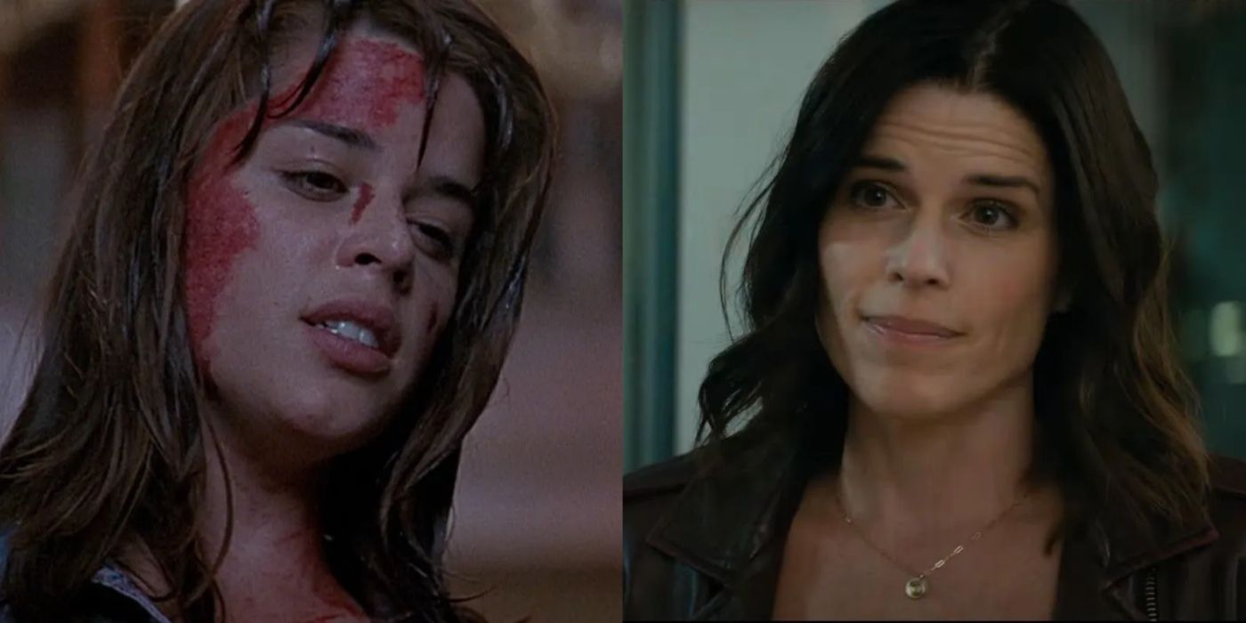 Sidney covered in blood in Scream (1997) and Sidney smiling in Scream (2022).