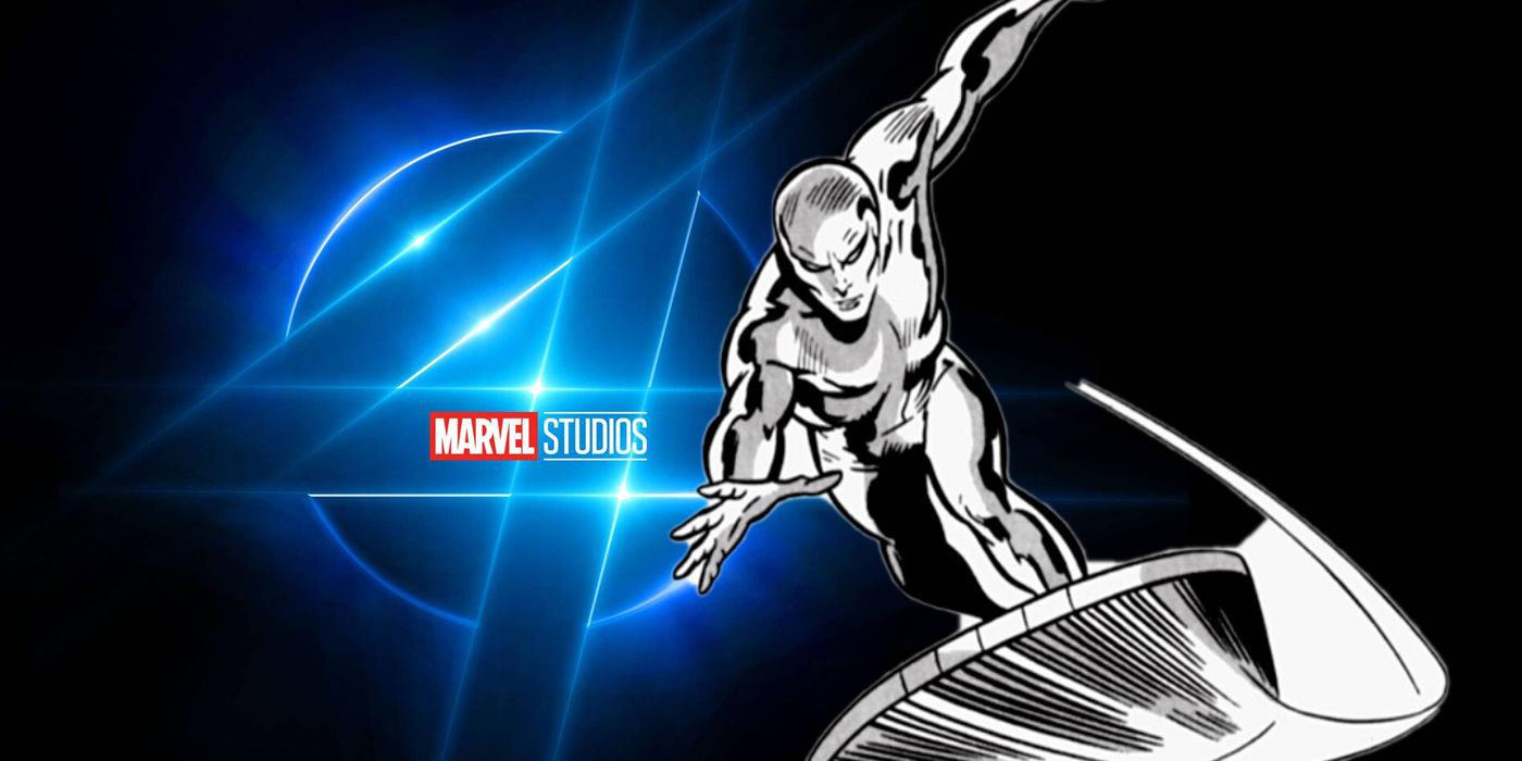 Split Image: Fantastic Four movie logo; Silver Surfer races toward the viewer