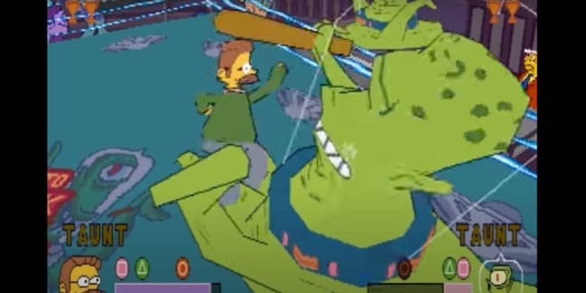 Ned Flanders lutando contra um alienígena na Simpsons Wrestling.