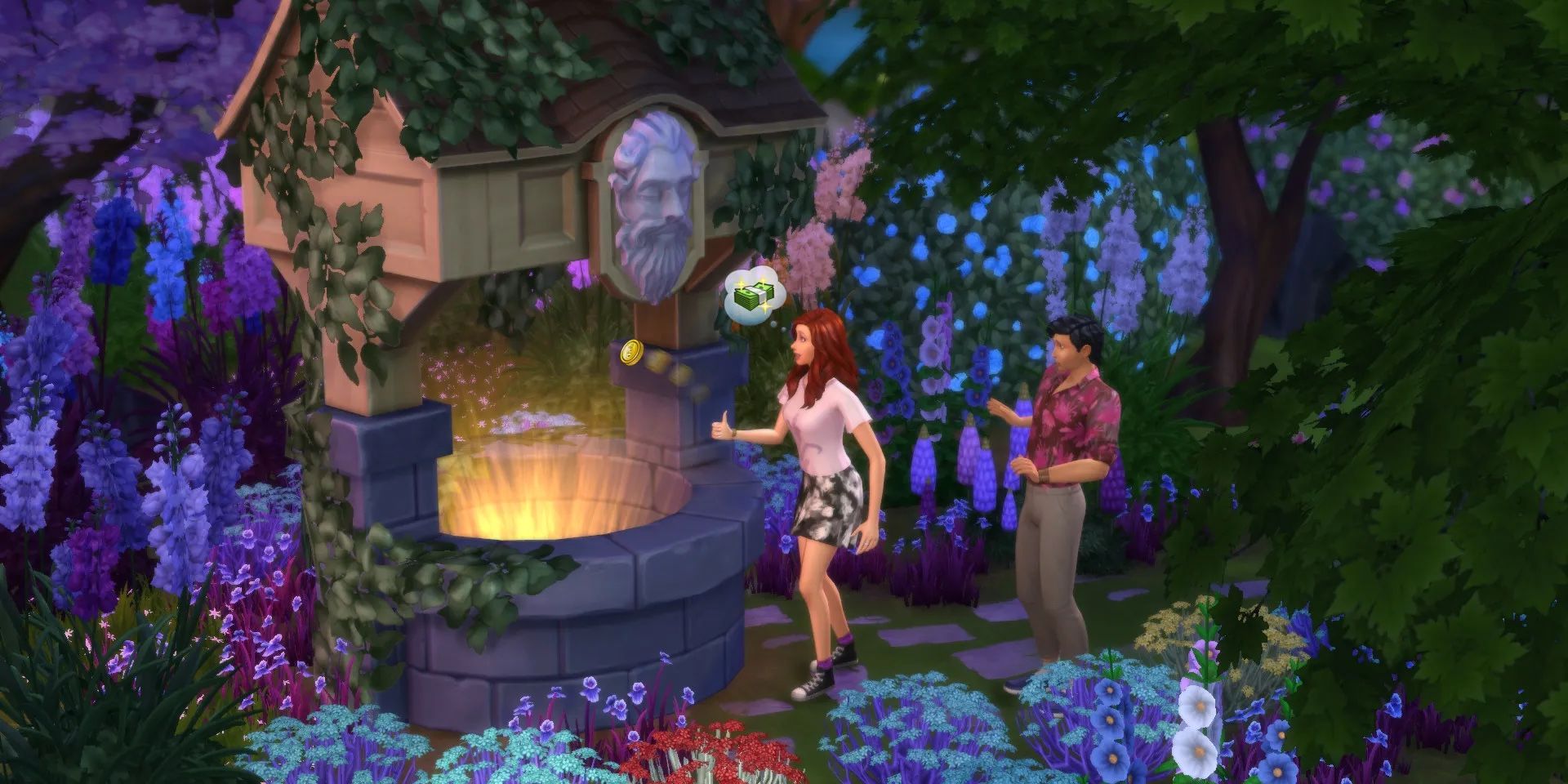 Two sims visiting the Wishing Well in Sims 4