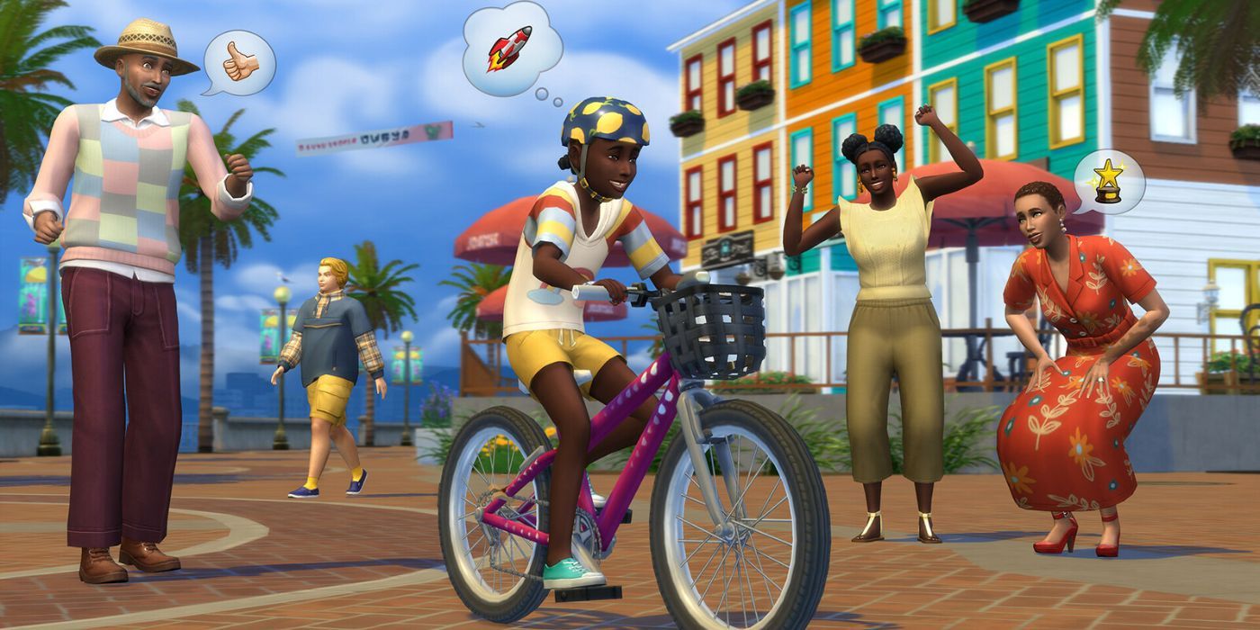 A family in Sims 4 Growing Together celebrates a child riding a bike.