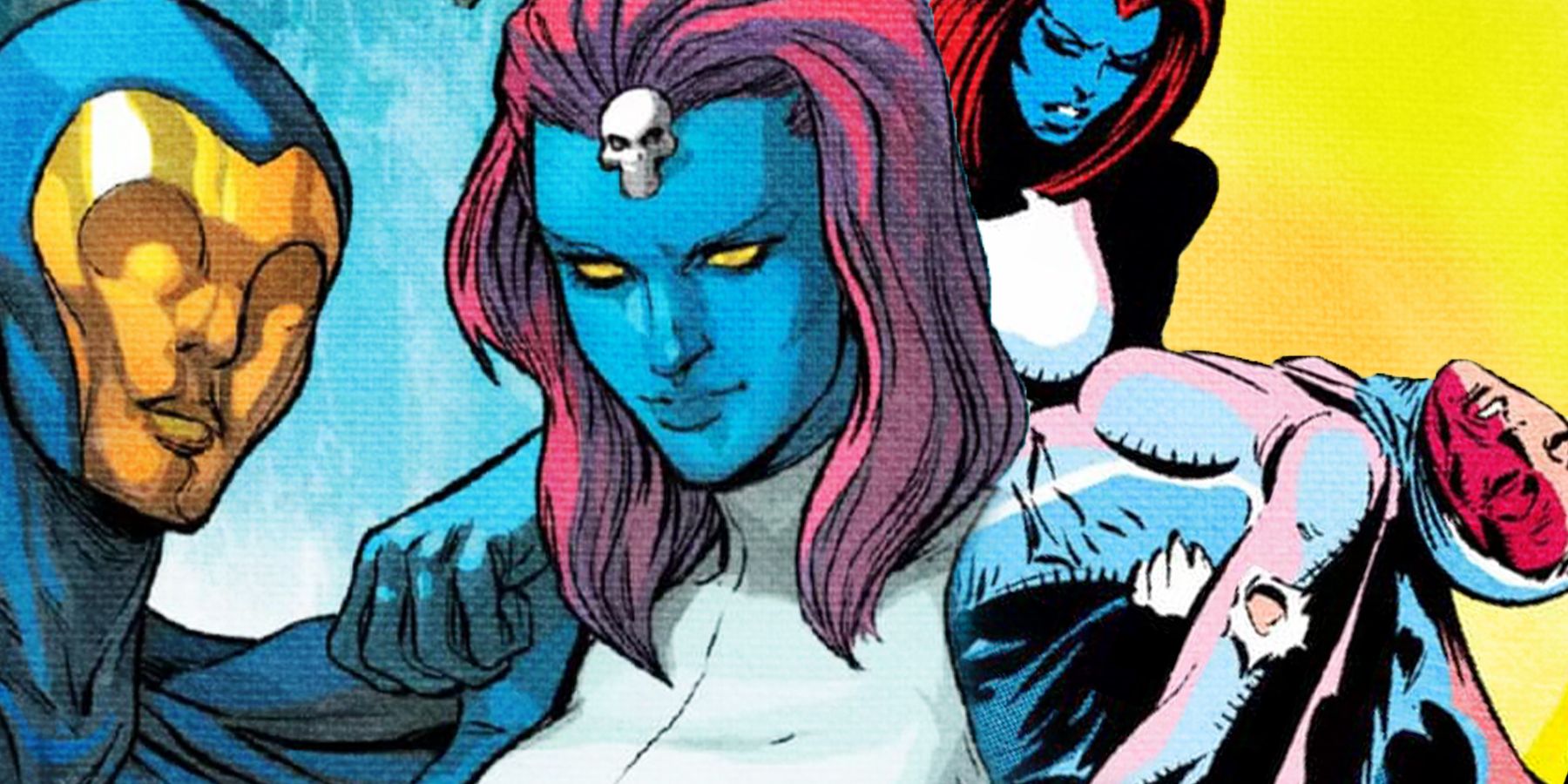 On the left, Destiny has her arm around Mystique. On the right, Mystique is seen holding a dying Destiny in her arms.