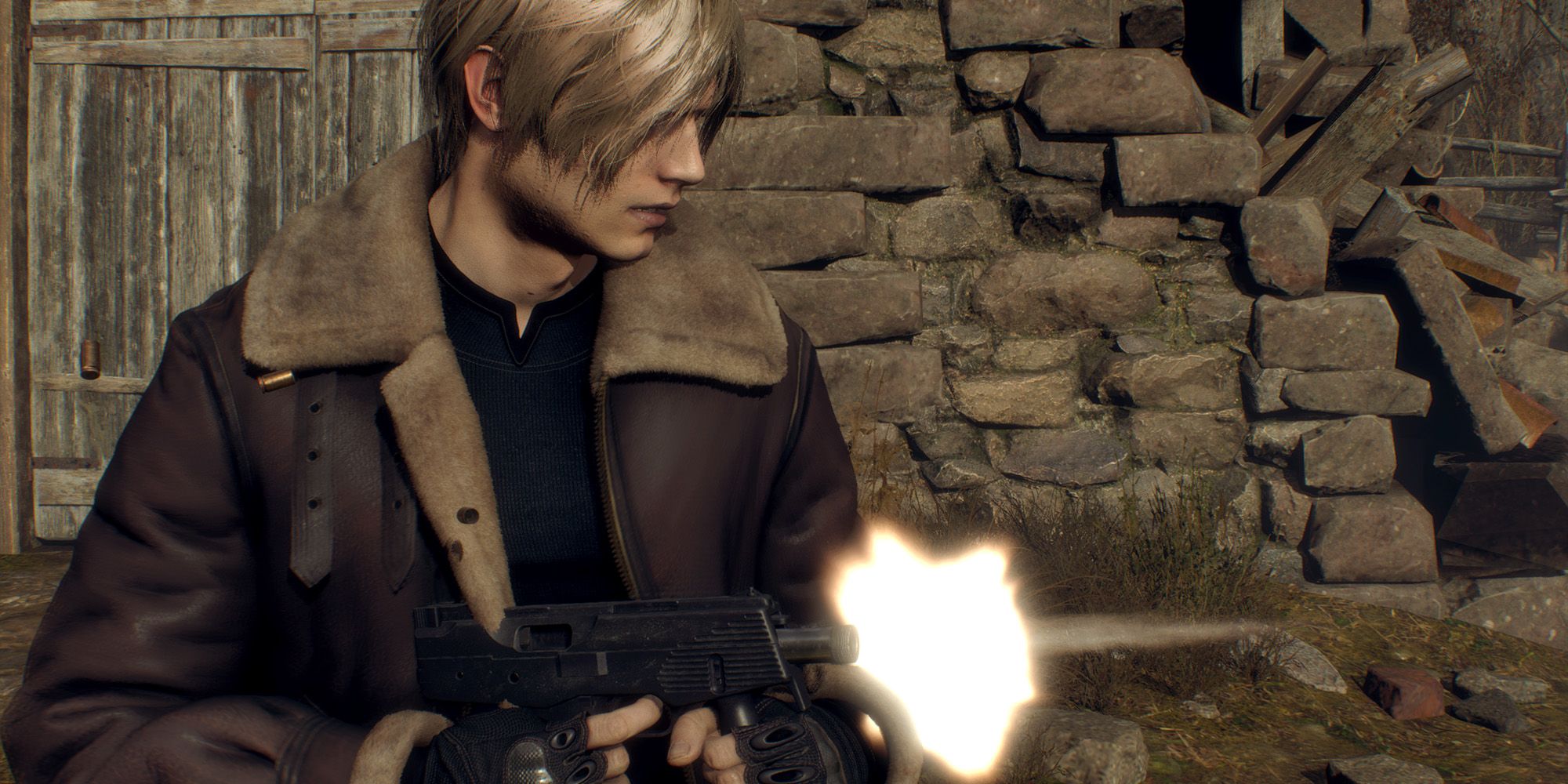 Resident Evil 4 Remake Leon firing TMP submachine gun