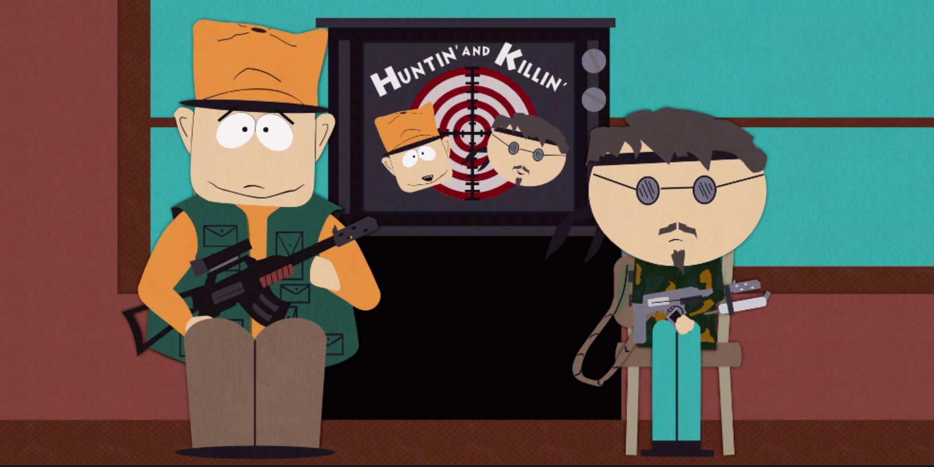 Jimbo and Ned on their hunting cable access show in South Park