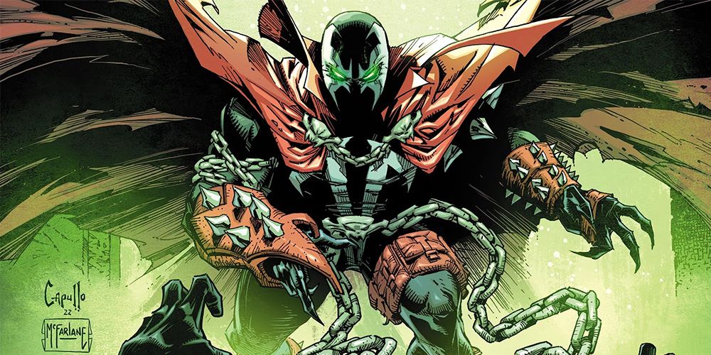 Spawn stands in a green cloud with batman knocked down