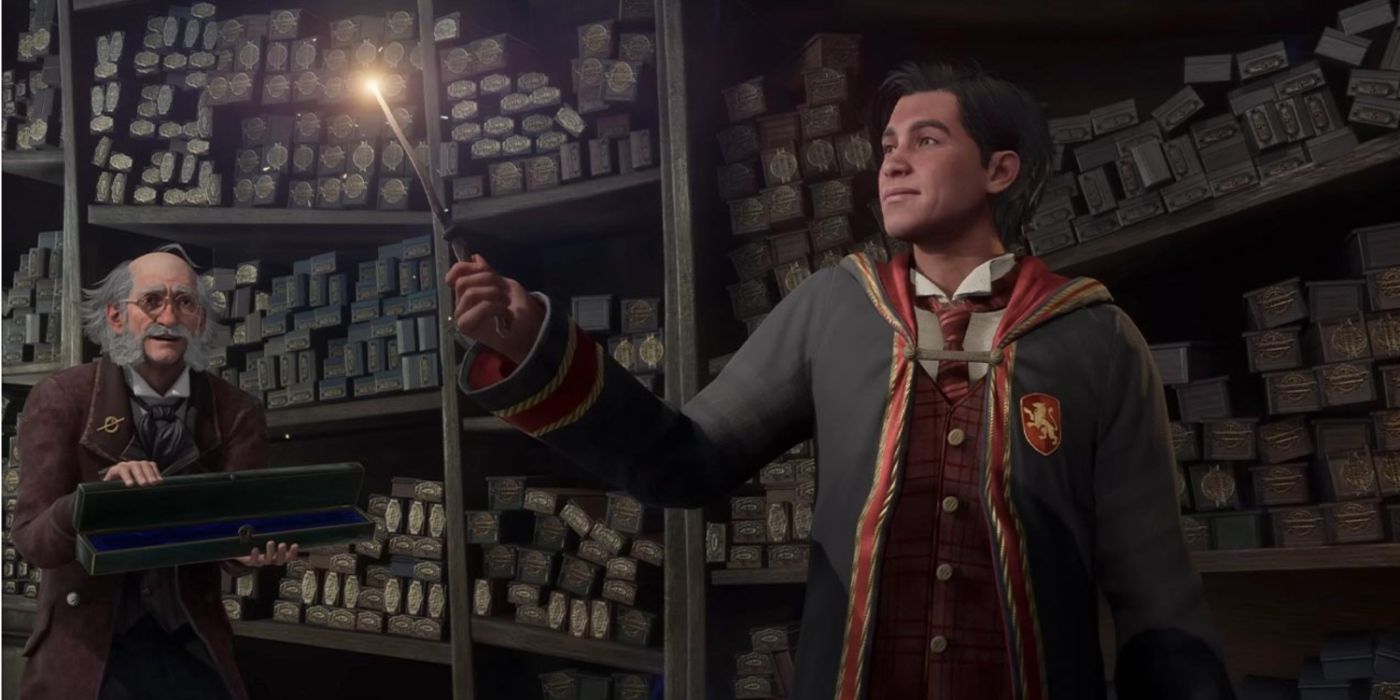 The player trying out their new wand in Hogwarts Legacy