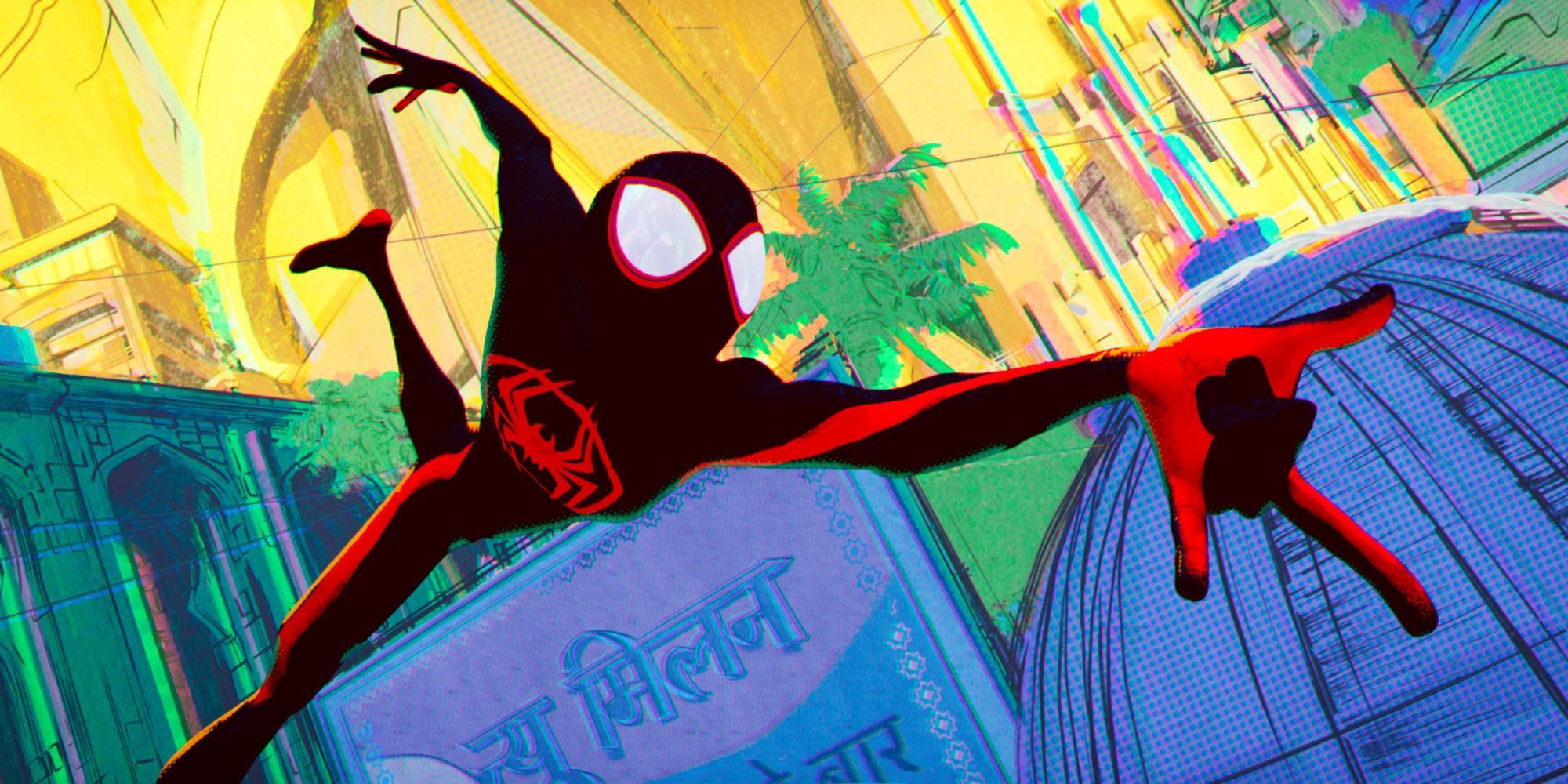 Miles Morales' Spider-Man swinging through Mumbattan in Across the Spider-Verse. 