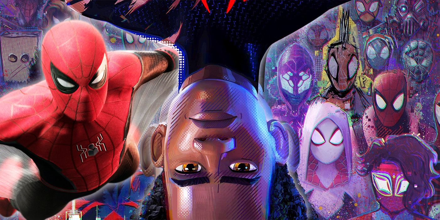 Miles Morales hanging upside down in front of images from Across the Spider-Verse