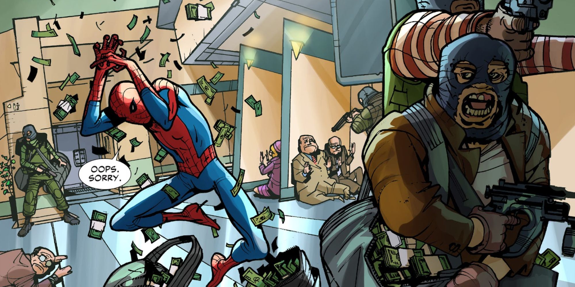 Spider-Man waking up in a bank robbery in The Amazing Spider-Man Who Am I