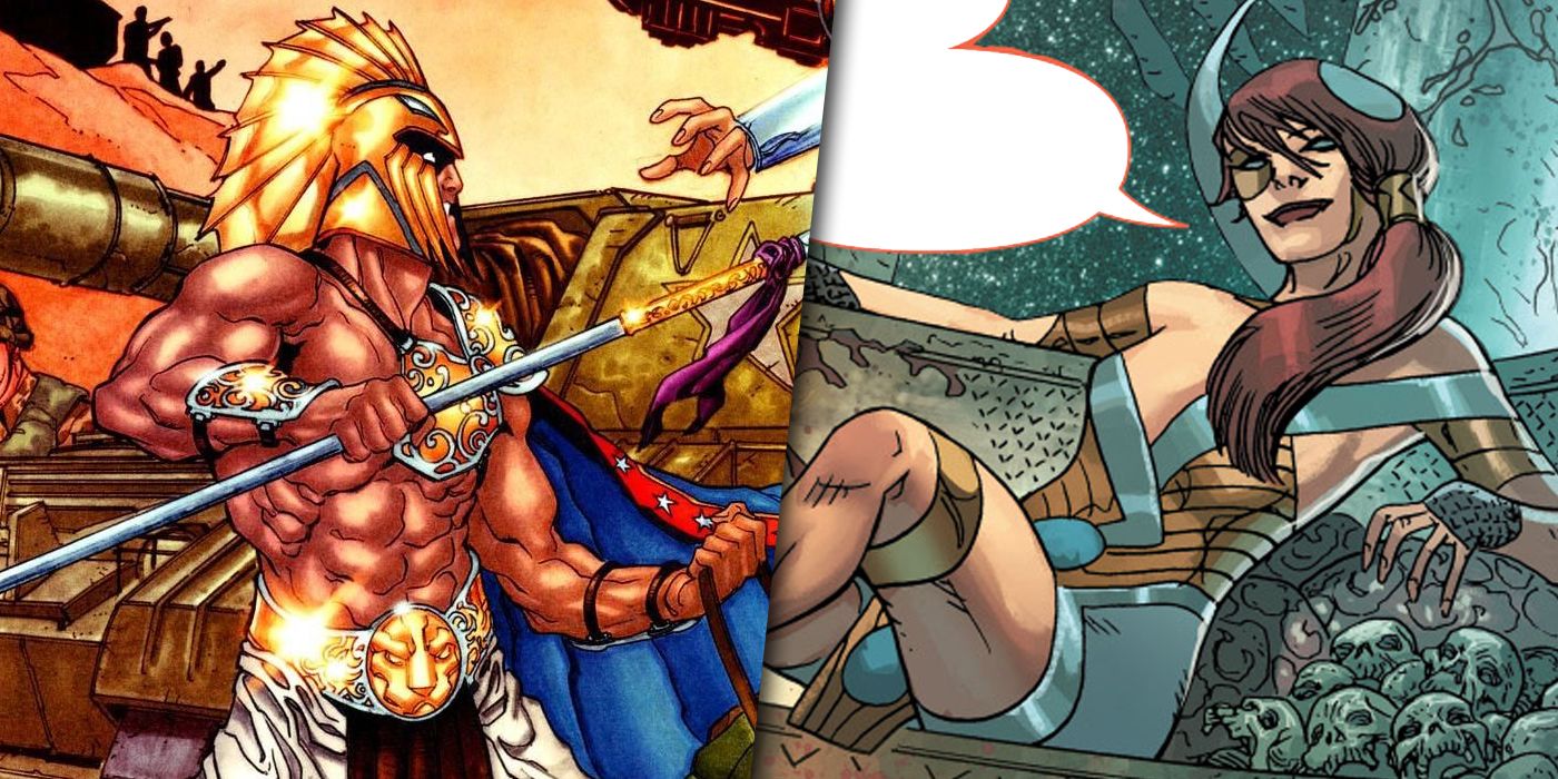 Split image of Achilles and Ate from Shazam's pantheon of gods