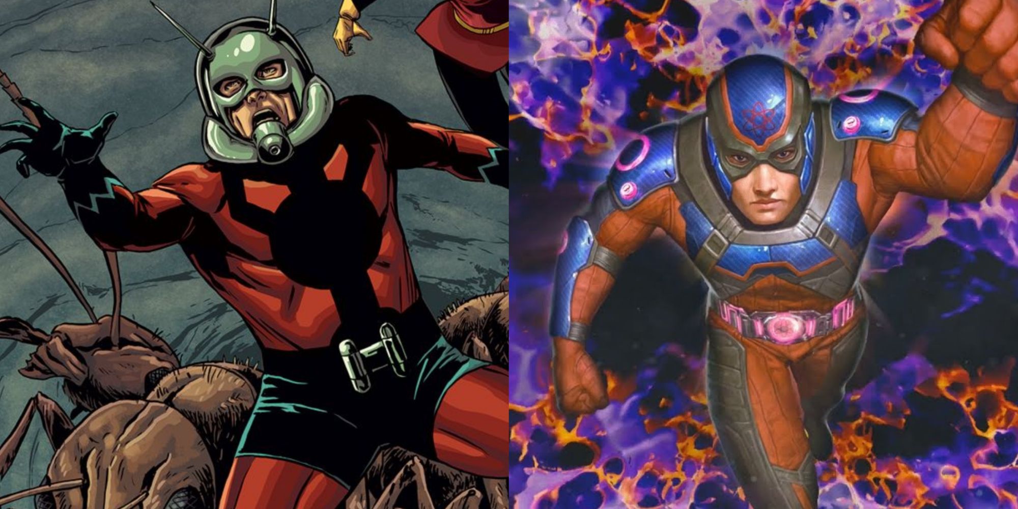 Split image of Ant-Man and The Atom on adventures in DC Comics