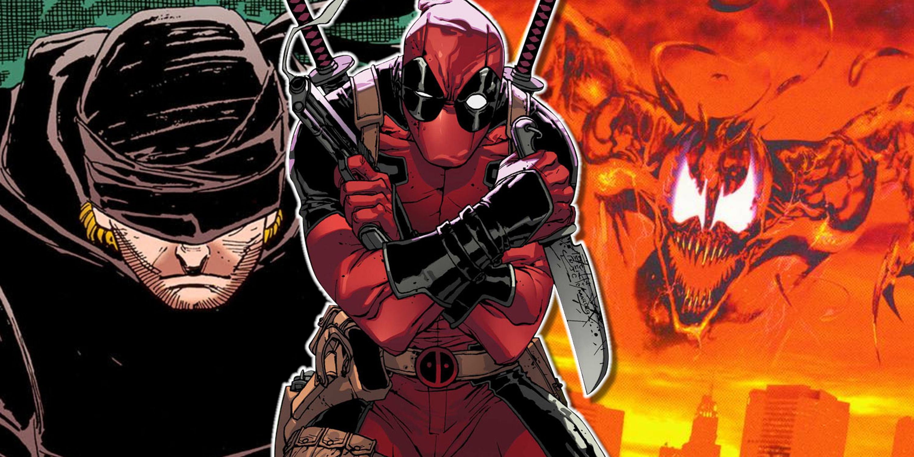 Split image of artwork for Daredevil The Man Without Fear, Deadpool, and Maximum Carnage