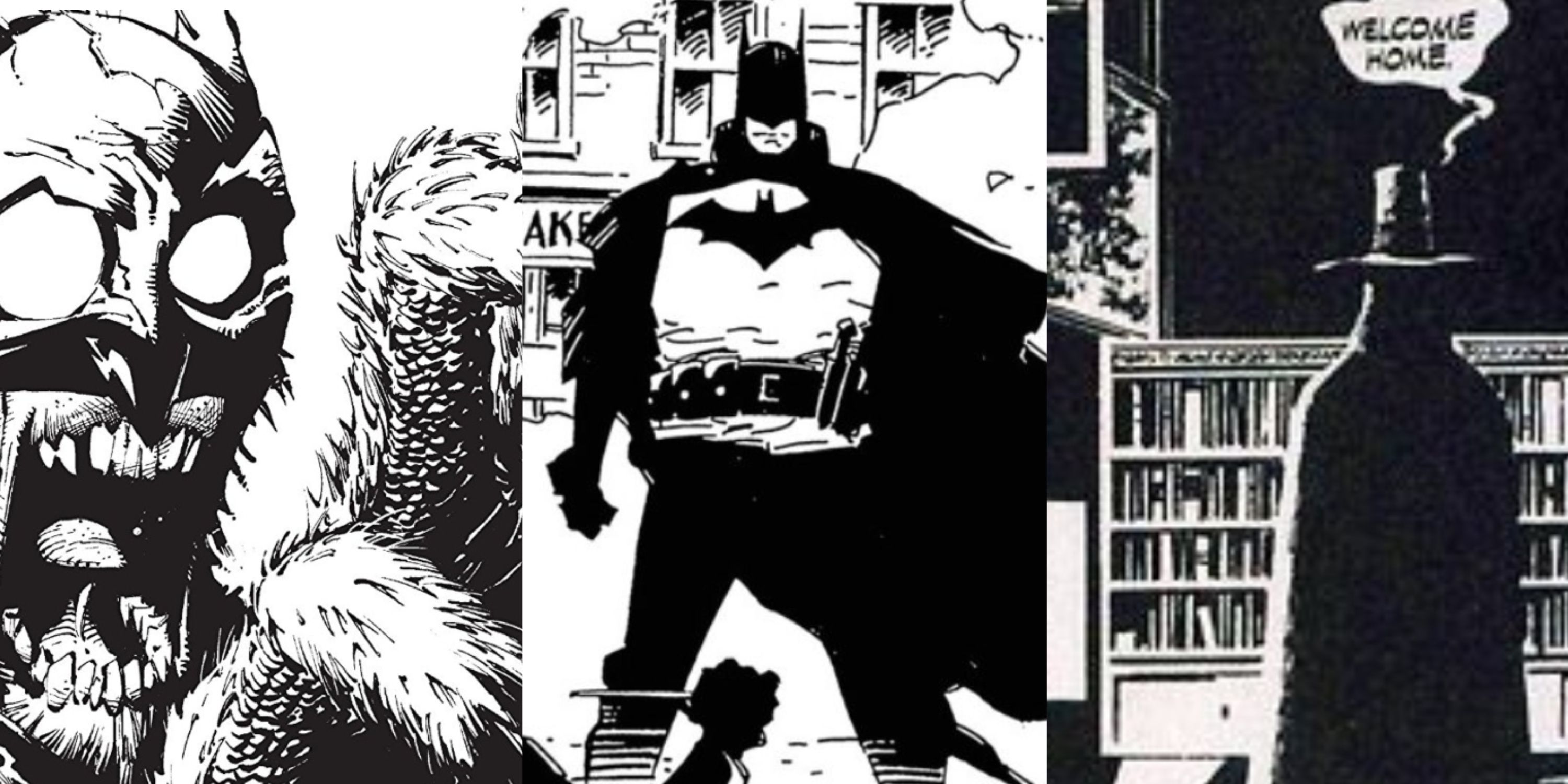 Split image of black and white Court of Owls, Batman and V for Vendetta feature 