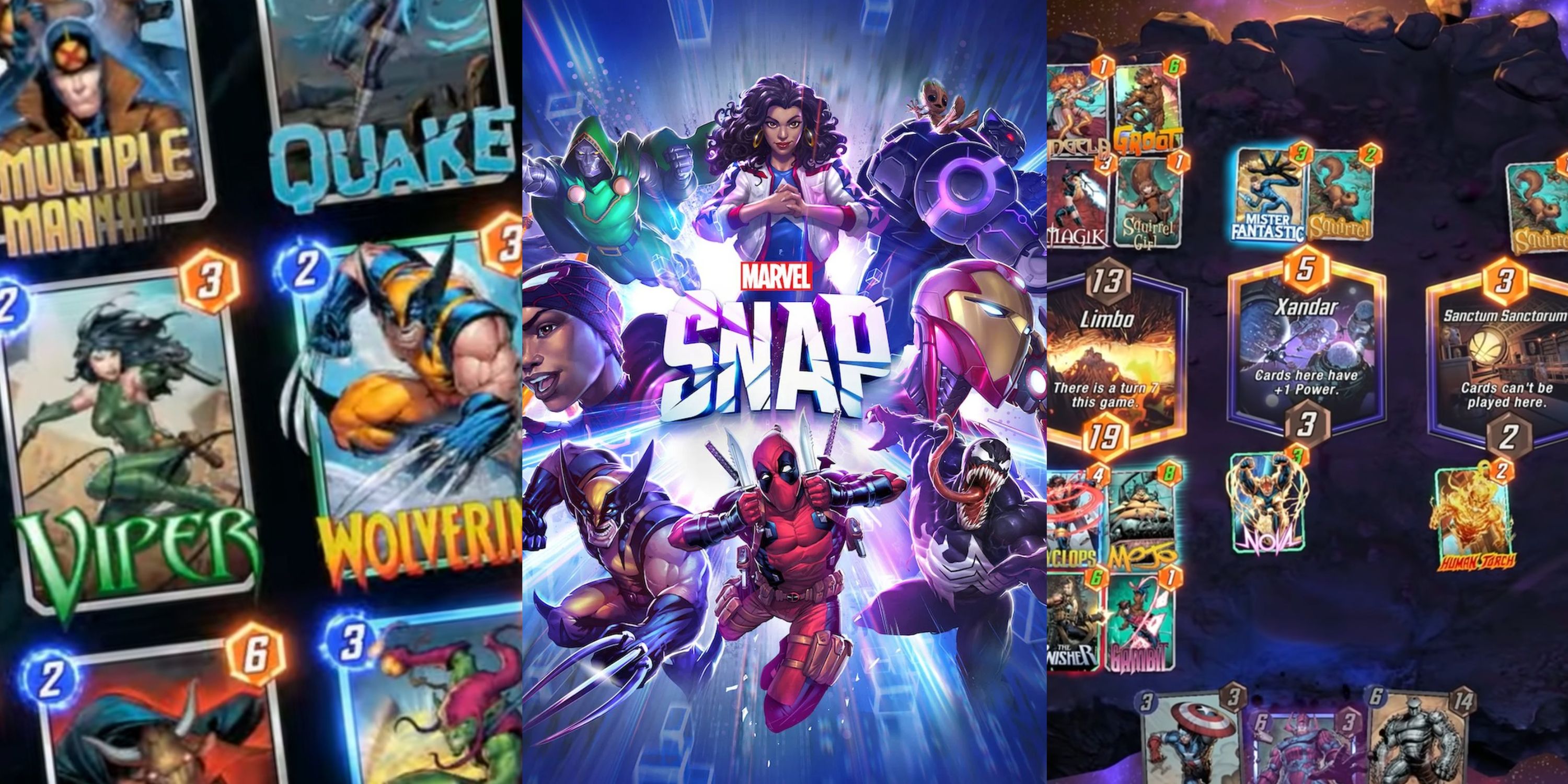 Split image of Cards, logo and gameplay of Marvel Snap