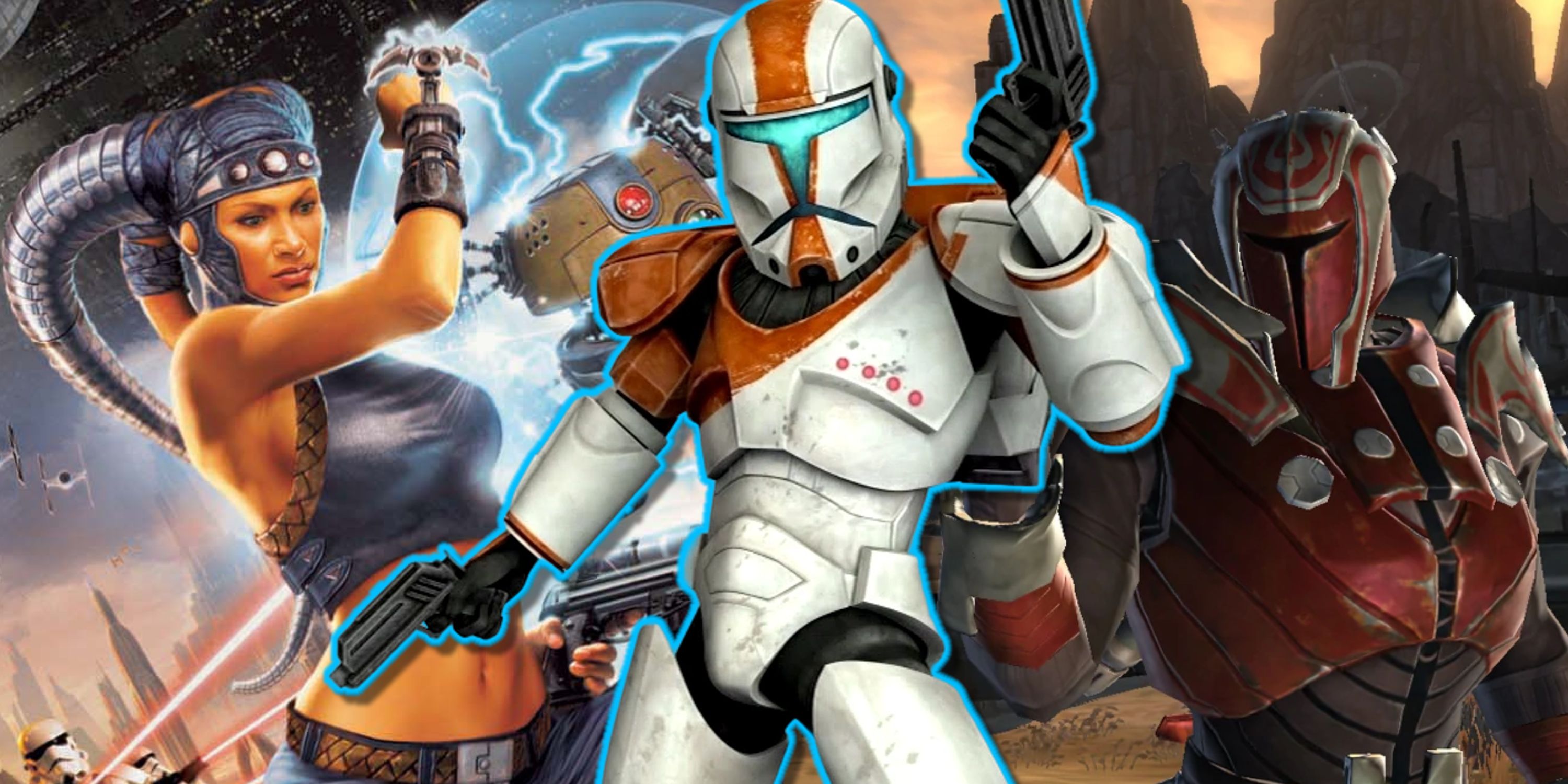 Split image of characters from Star Wars Lethal Alliance, Republic Commando, and The Old Republic