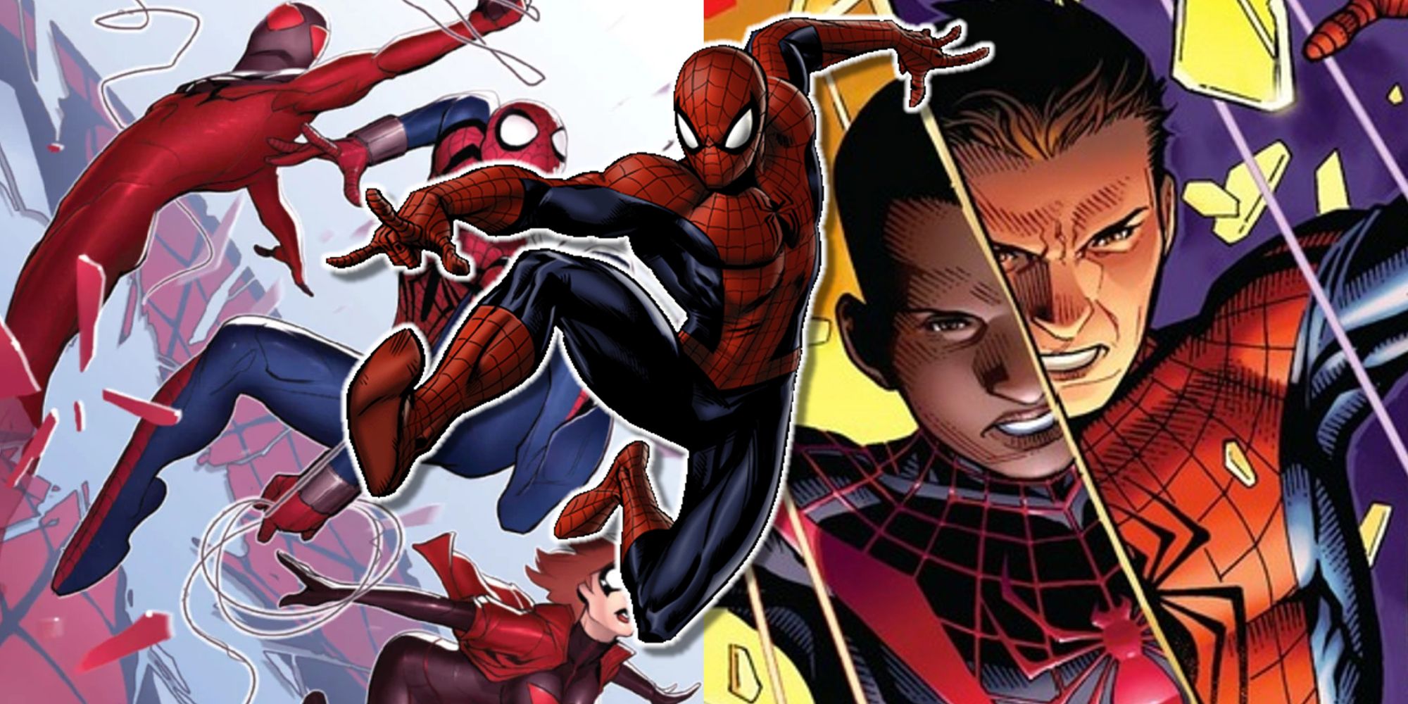 Split image of different Spider-Man miniseries in Marvel Comics with Peter Parker, Miles Morales, and Scarlet Spiders