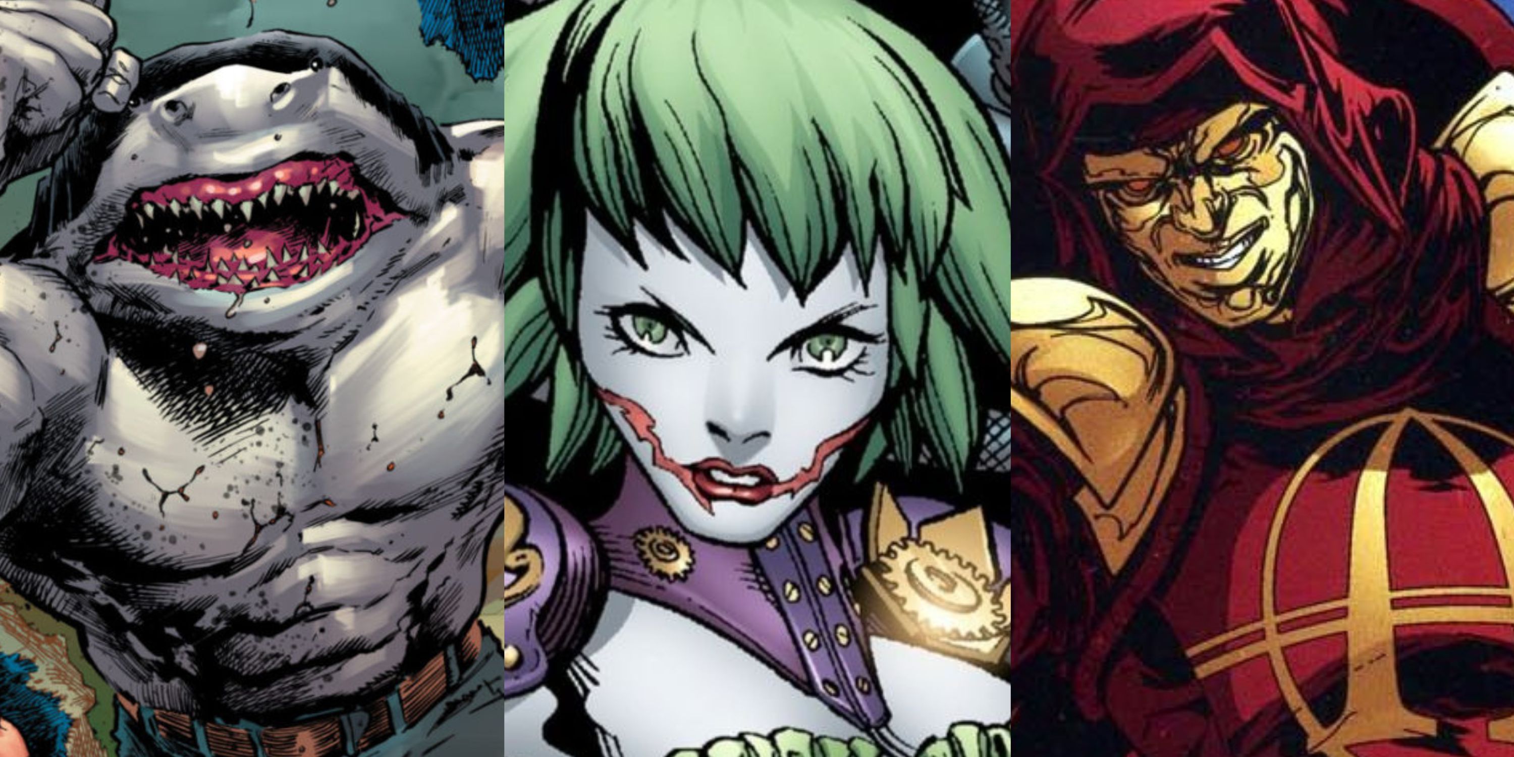 Split image of King Shark, Duela Dent and Anarky from DC Comics