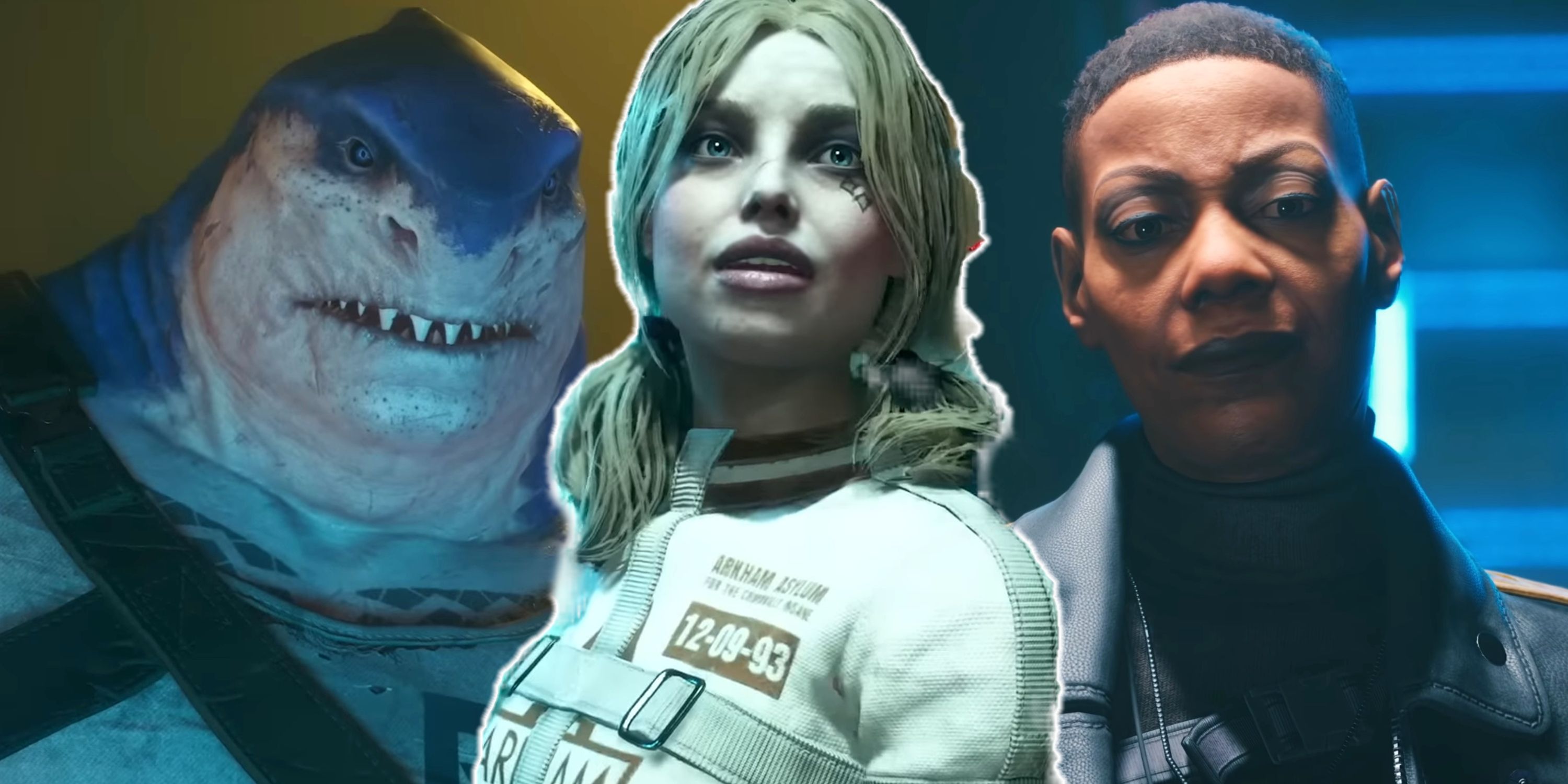 Split image of King Shark, Harley Quinn, and Amanda Waller in Suicide Squad Kill The Justice League