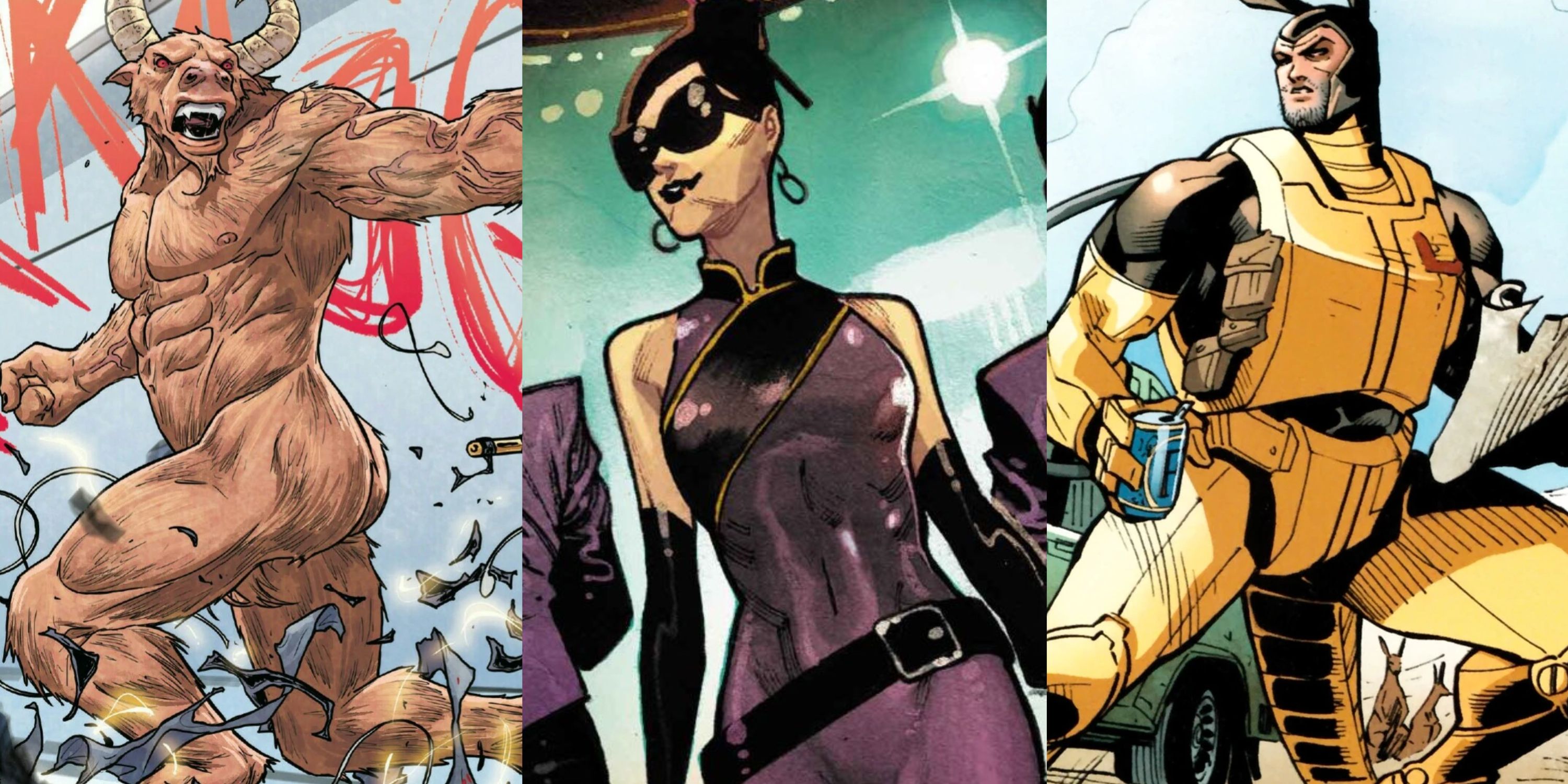 Split image of Minotaur, Lady Iron Fan and Kangaroo in Marvel Comics