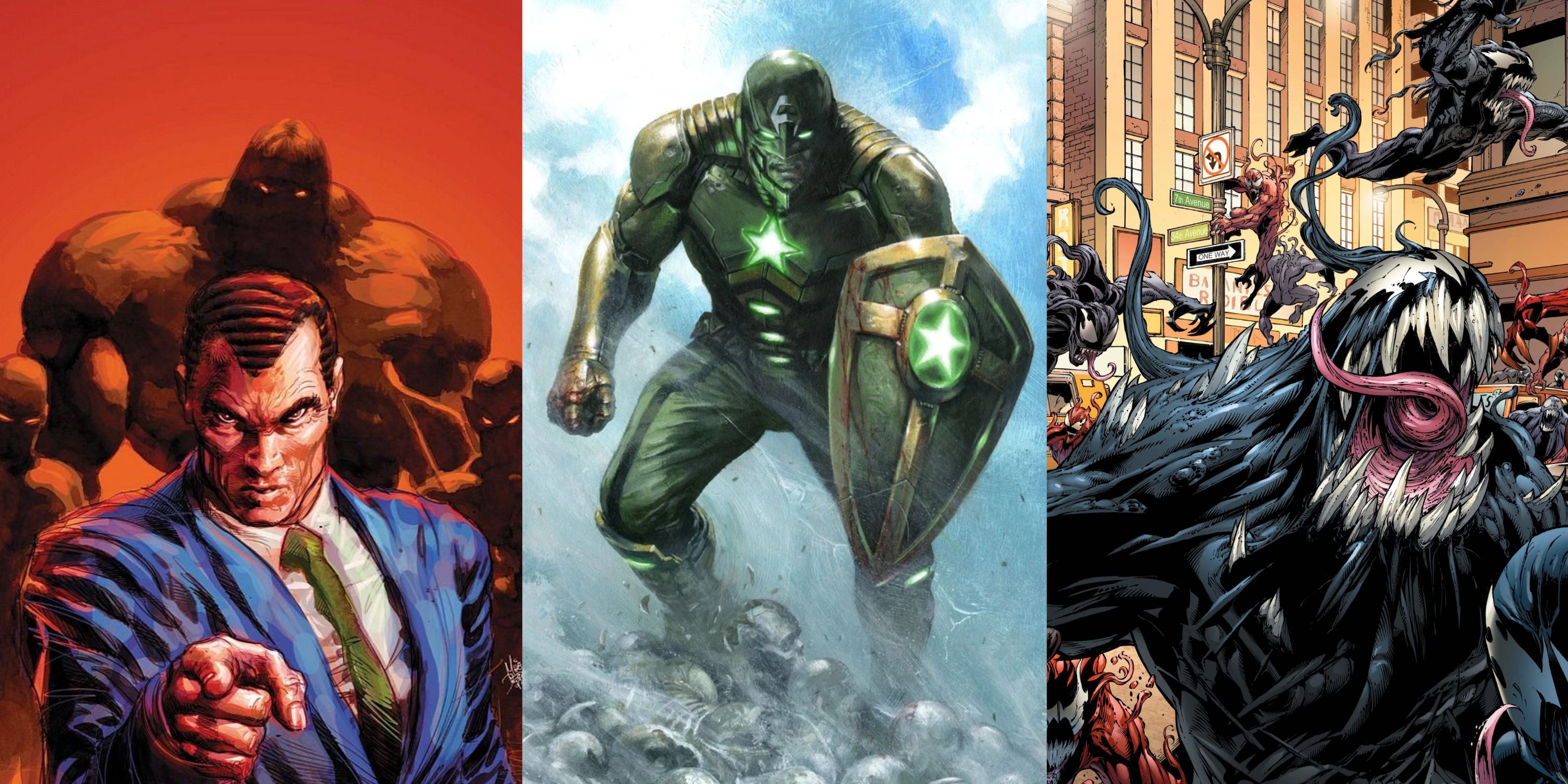Split image of Norman Osborn, Hydra Supreme and Venom in Marvel Comics feature