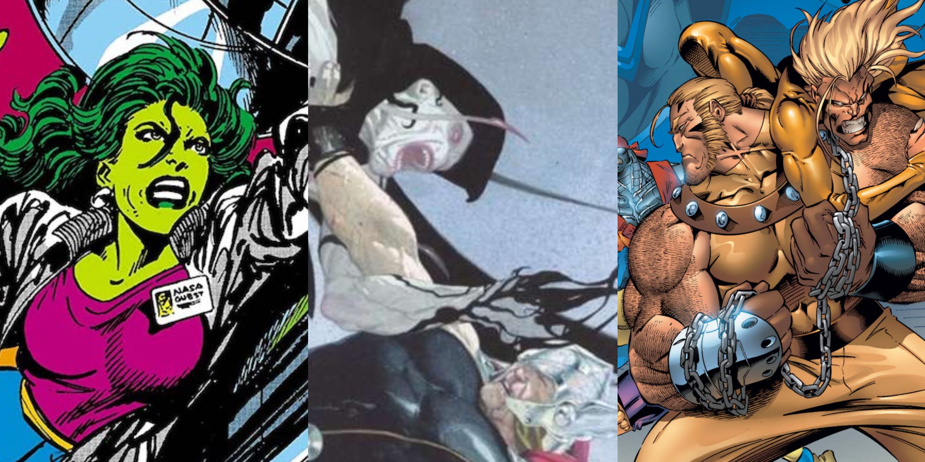Split image of She-Hulk, Thor and Gorr fighting and Sabretooth in Age of Apocalypse