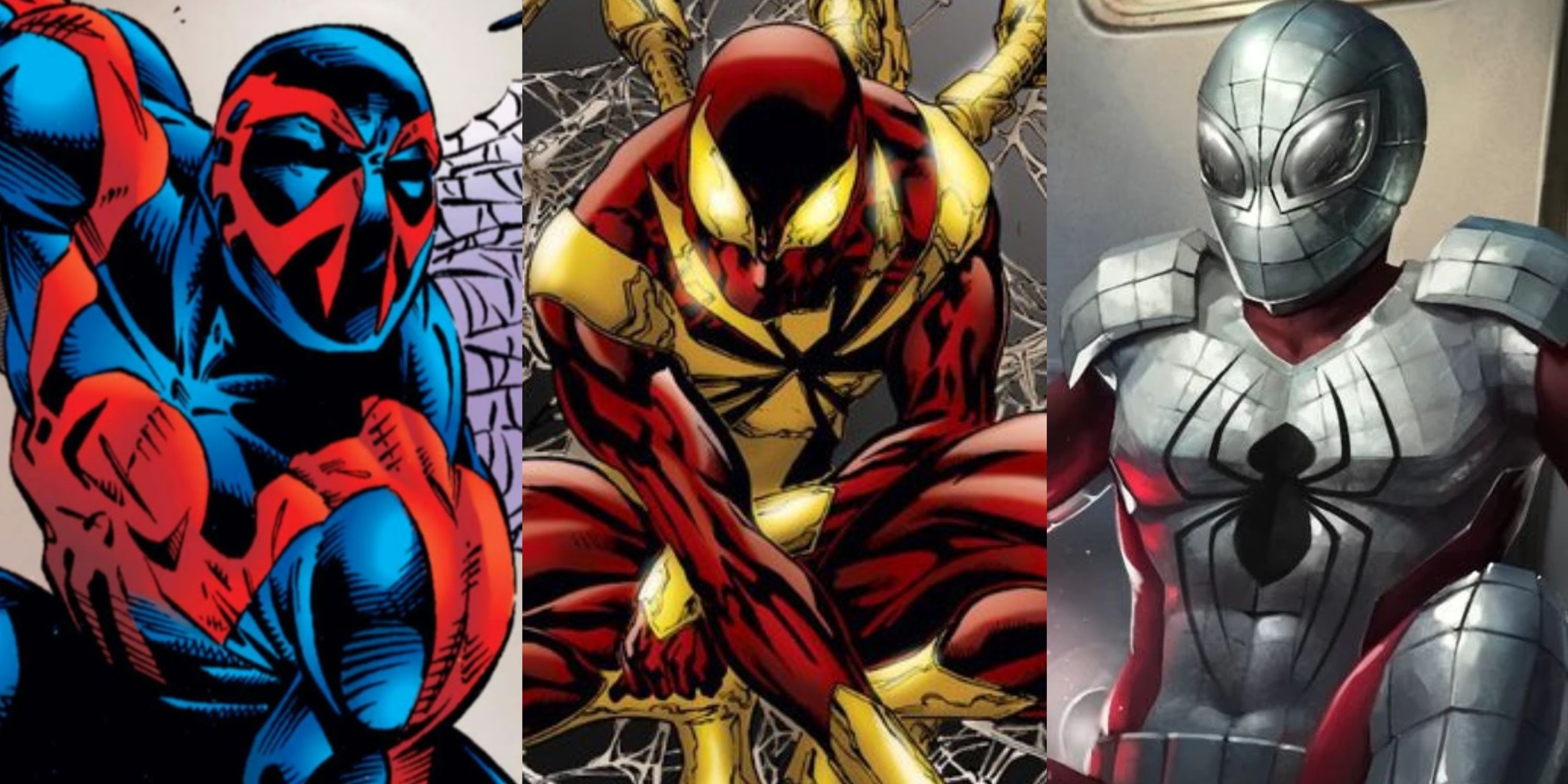 Split image of Spider-Man 2099, Civil War comic Iron Spider and the silver and black Spider-Armor