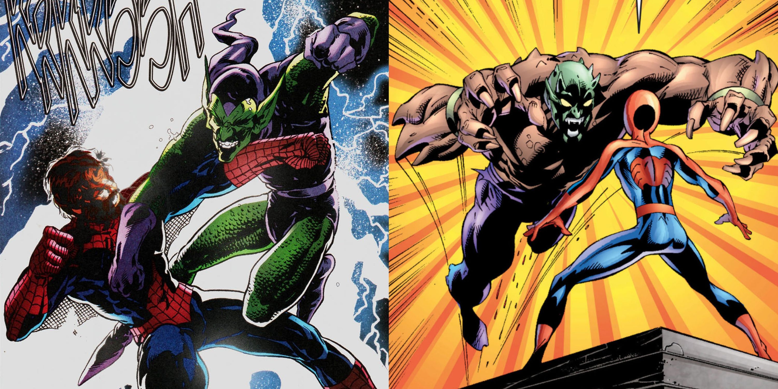 Split image of Spider-Man vs Green Goblin in Amazing and Ultimate Marvel comics.