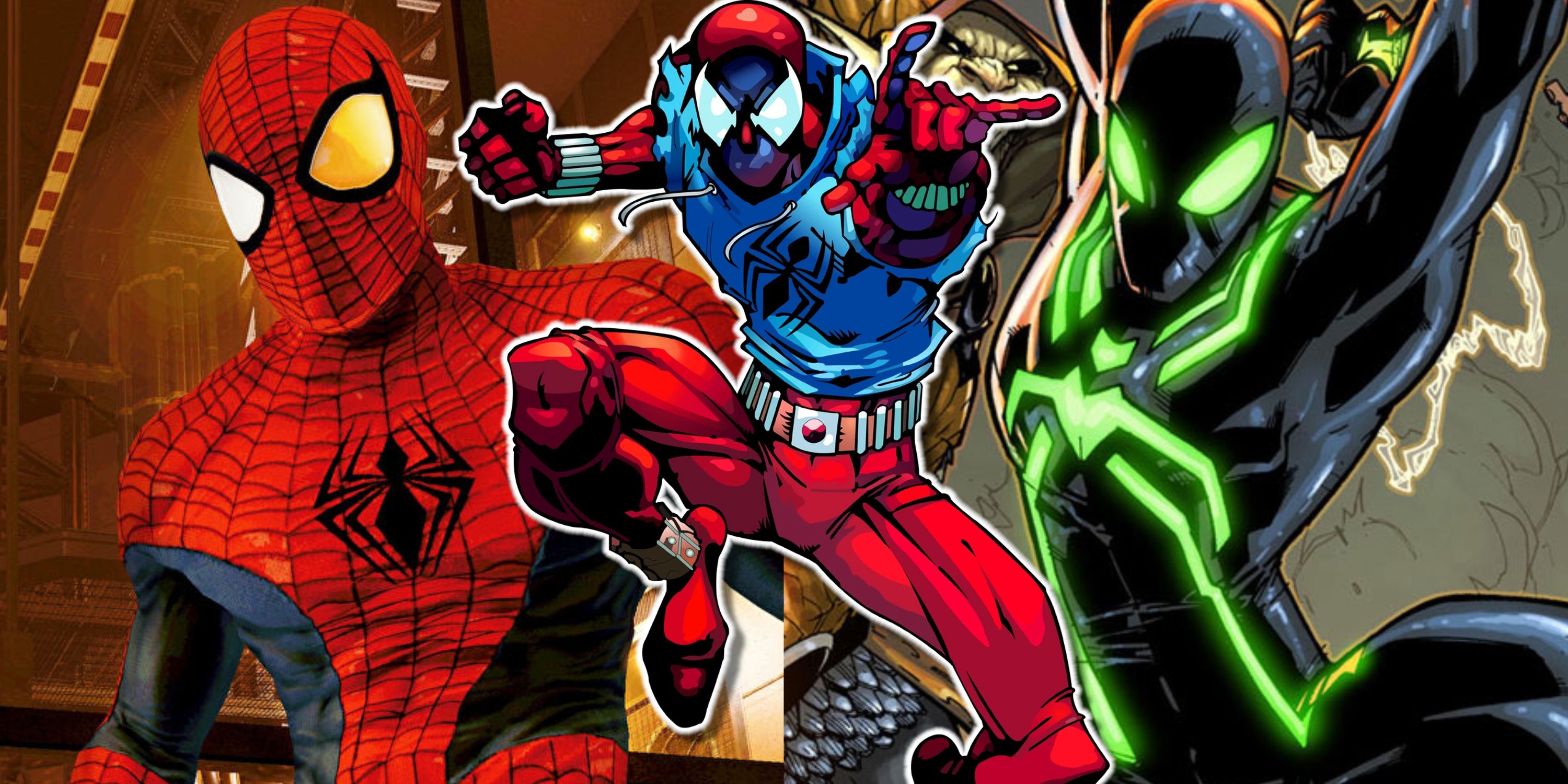 Split image of Spider-Man in Edge of Time video game, and Scarlet Spider and Big Time Spider-Man from the comics