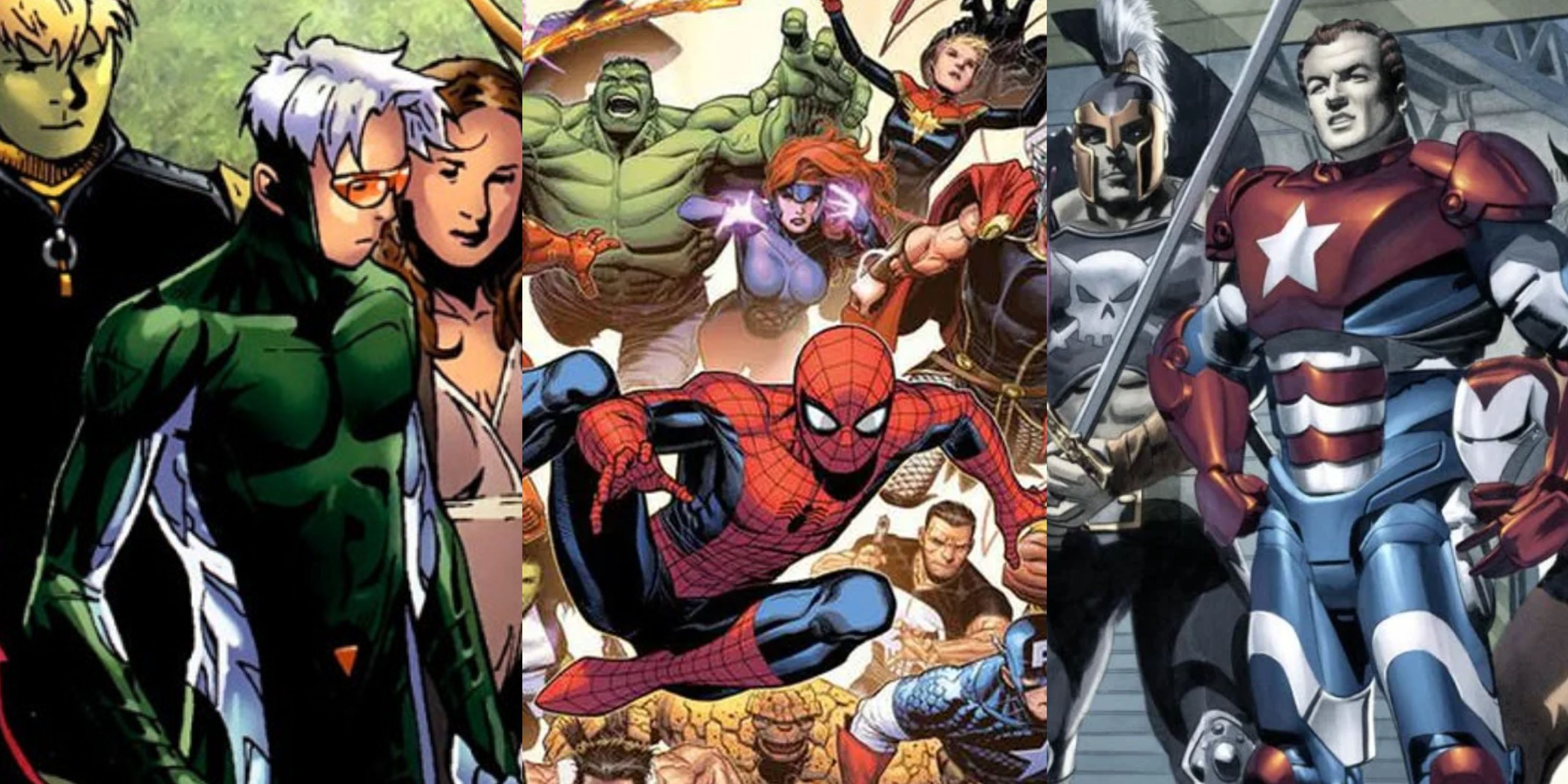 Split image of the Young Avengers, Spider-Man leading the Avengers, and Norman Osborn's Dark Avengers