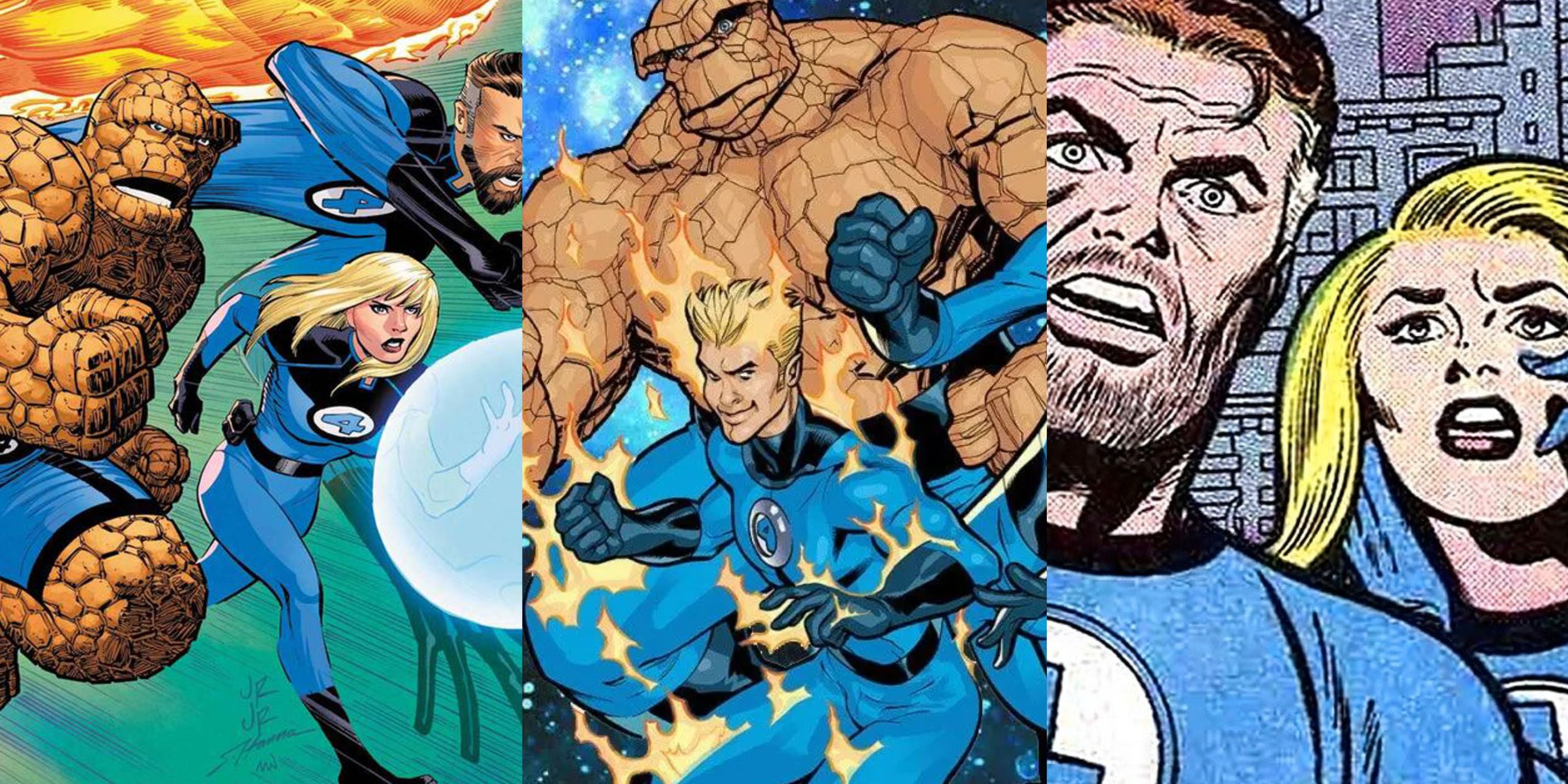 Split image of the Fantastic Four fighting in various comic eras