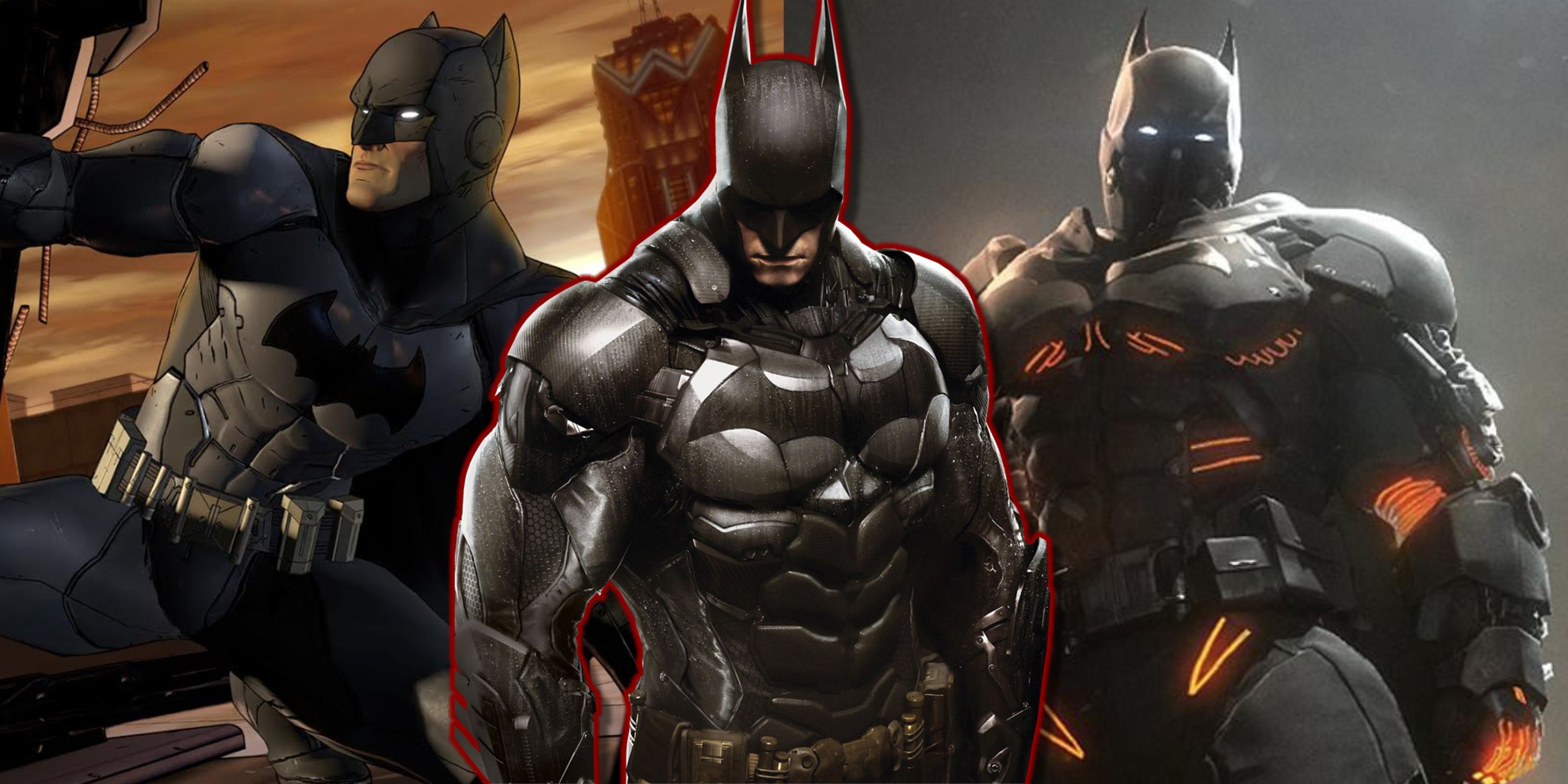 Split image of various Batman suits in video games